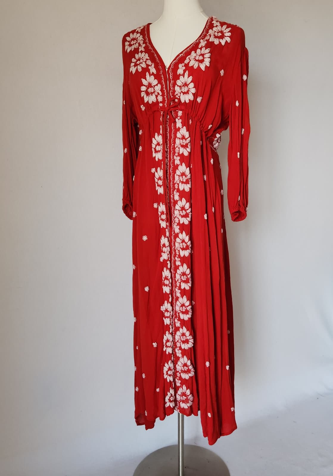 Free People Embroidered Fable Boho Midi Dress 3/4 Sleeve Gauze Red White Sz.S