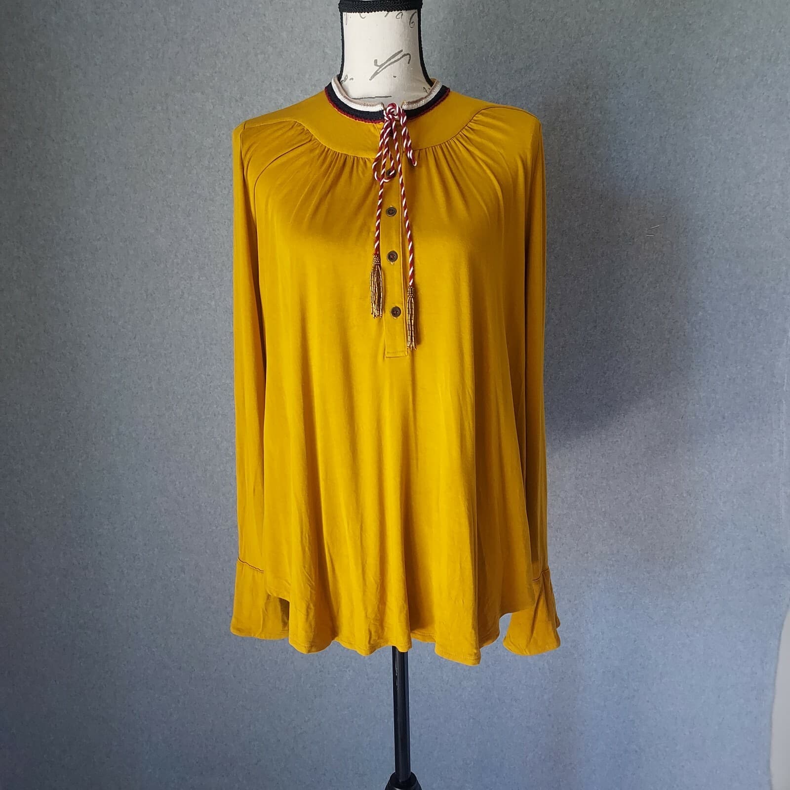 Akemi + Kin Anthropologie Goldie Tunic Top Tassel Long Sleeve Mustard Women Sz.M