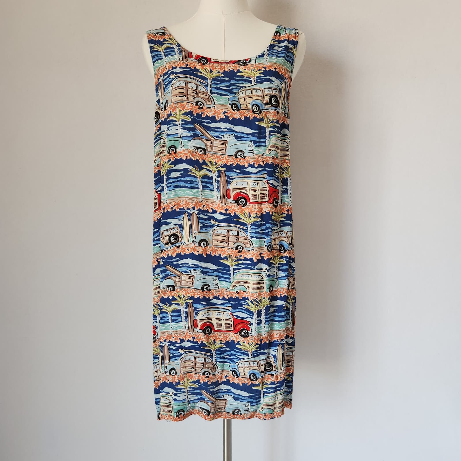 Vintage Weekend Traffic Wagon Surfer Aloha Hawaii Shift Dress Sleeveless Sz.L