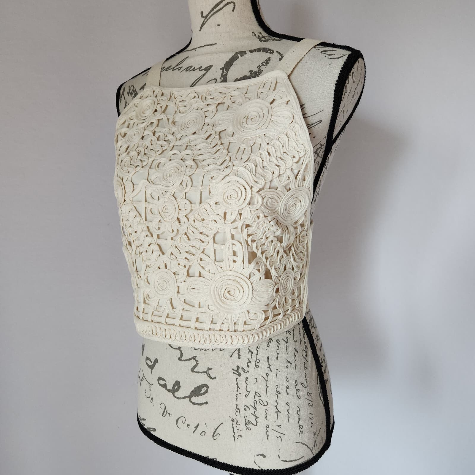 NWT ZARA Swirls Lace Cropped Top Shoulder-Strap Smock-Back Cotton Ivory Women L