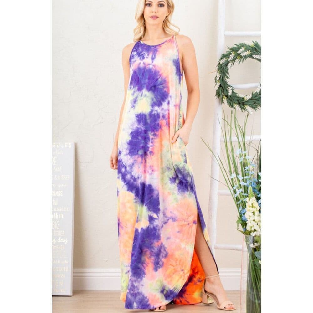 Multi Color Tie Dye Maxi Dress with Side Slit