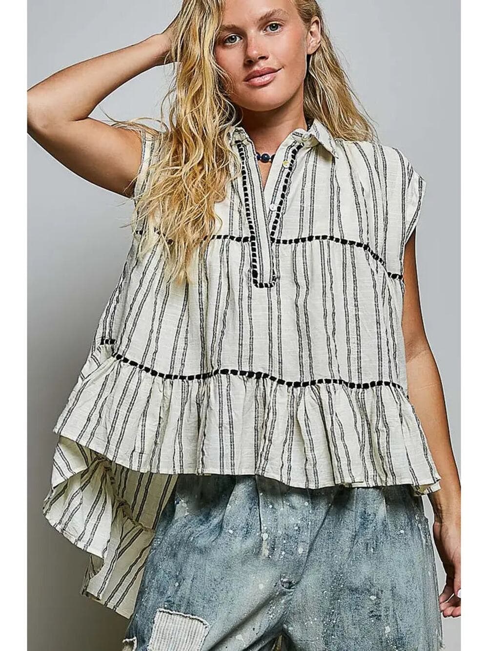 POL Collared Neck Stripe Soft Ruffle Stitch Sleeveless Shirt Top