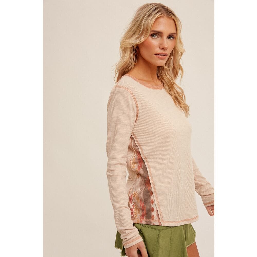 Contrast Print Textured Rib Long Sleeve Top