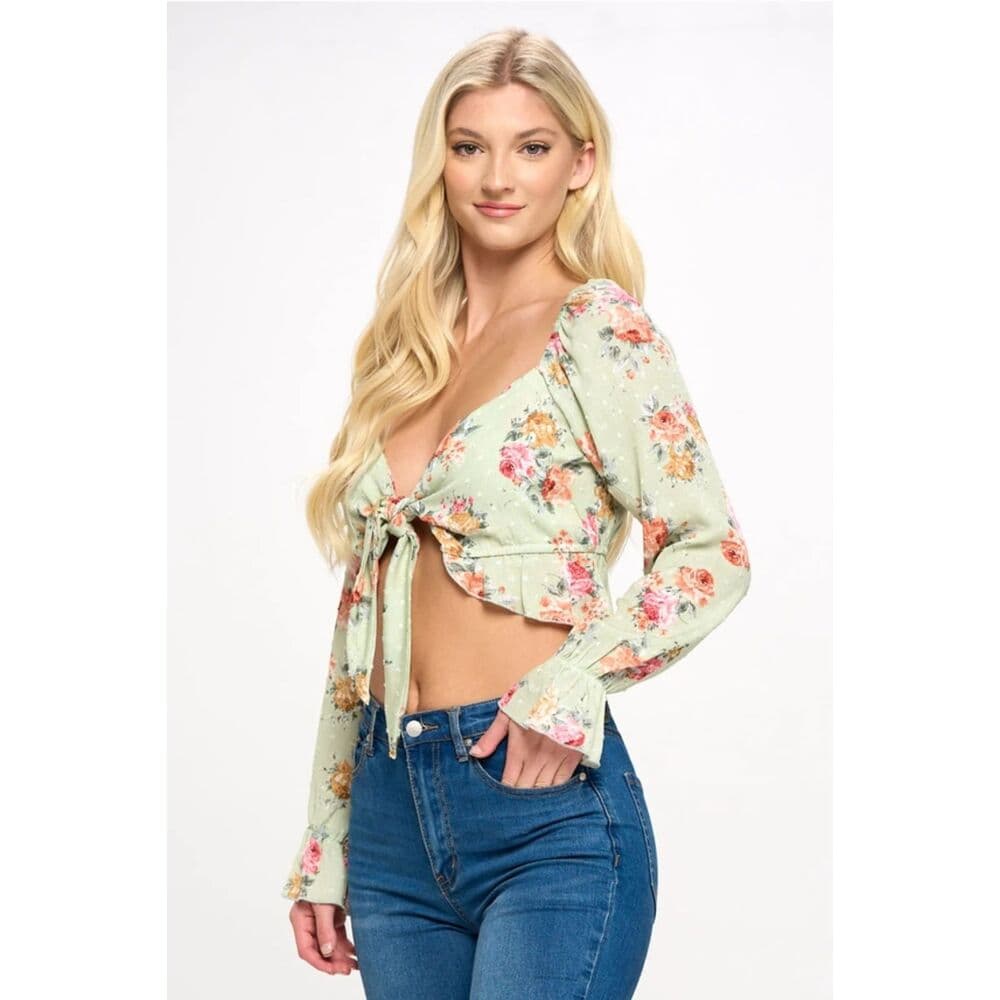 Crop Blouse Cardian Top Tie Front Long Sleeve