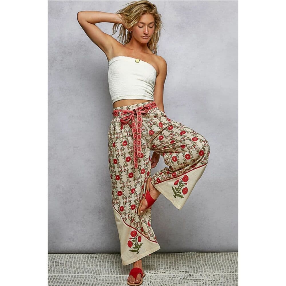 POL Waist Belt Floral Pattern Straight Fit Pants