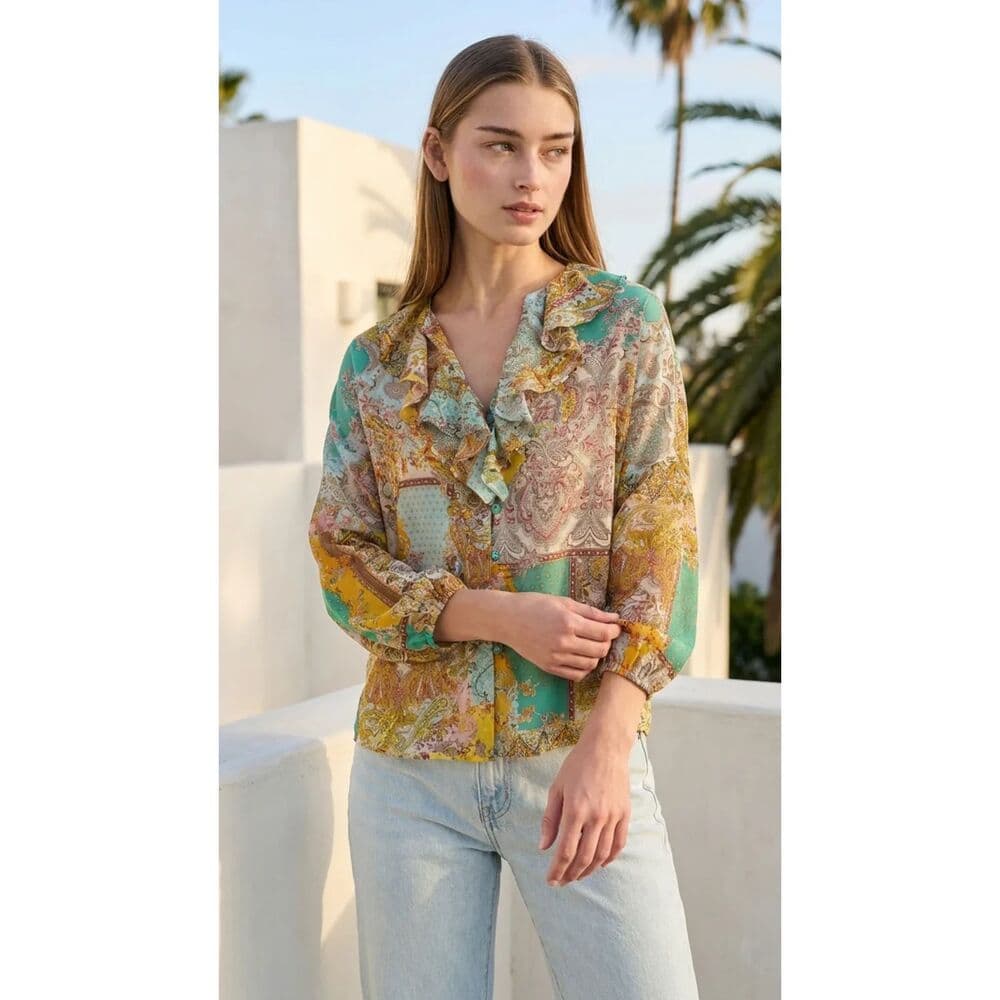 Ruffle Neck Button Long Sleeve in Chiffon