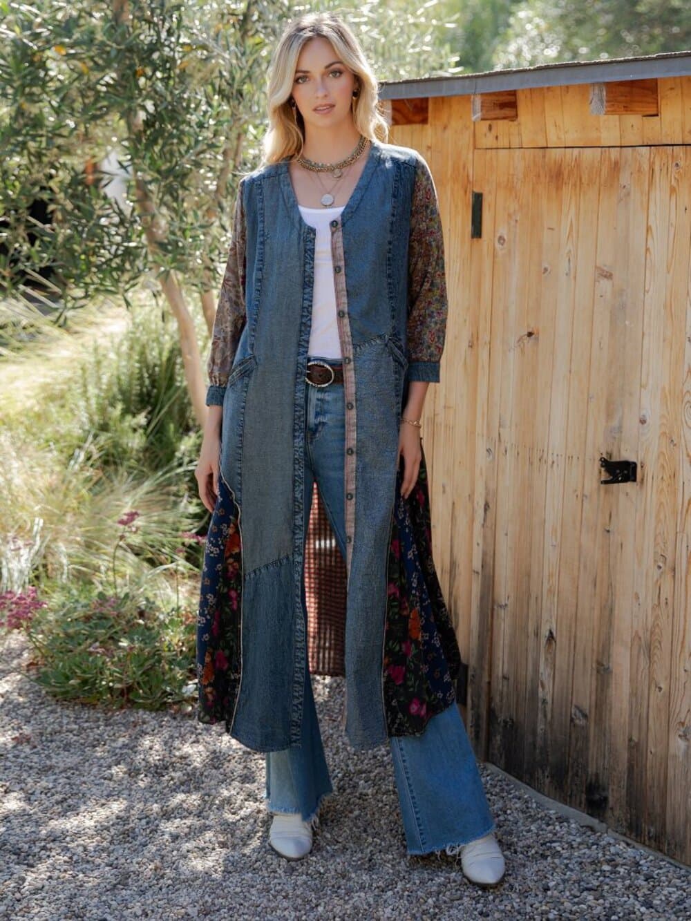 Earthy Denim Duster Dress, Artisan Patchwork