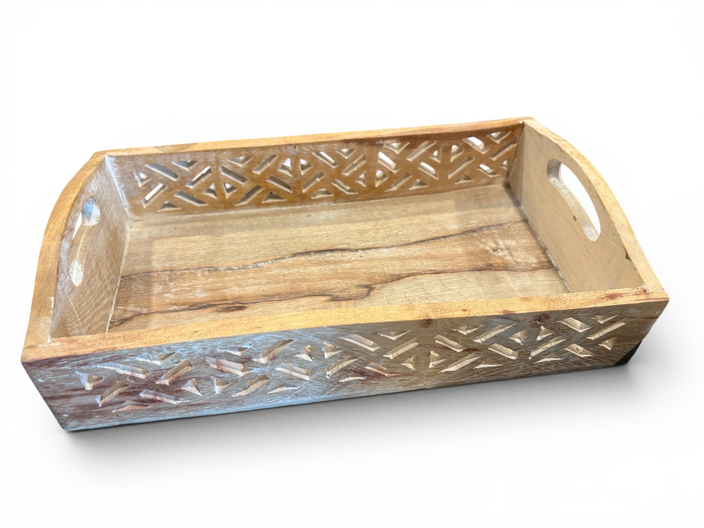 Whitewashed Mango Wood Serving Tray with Cutout Lattice Sides, Carved Handles - Regular