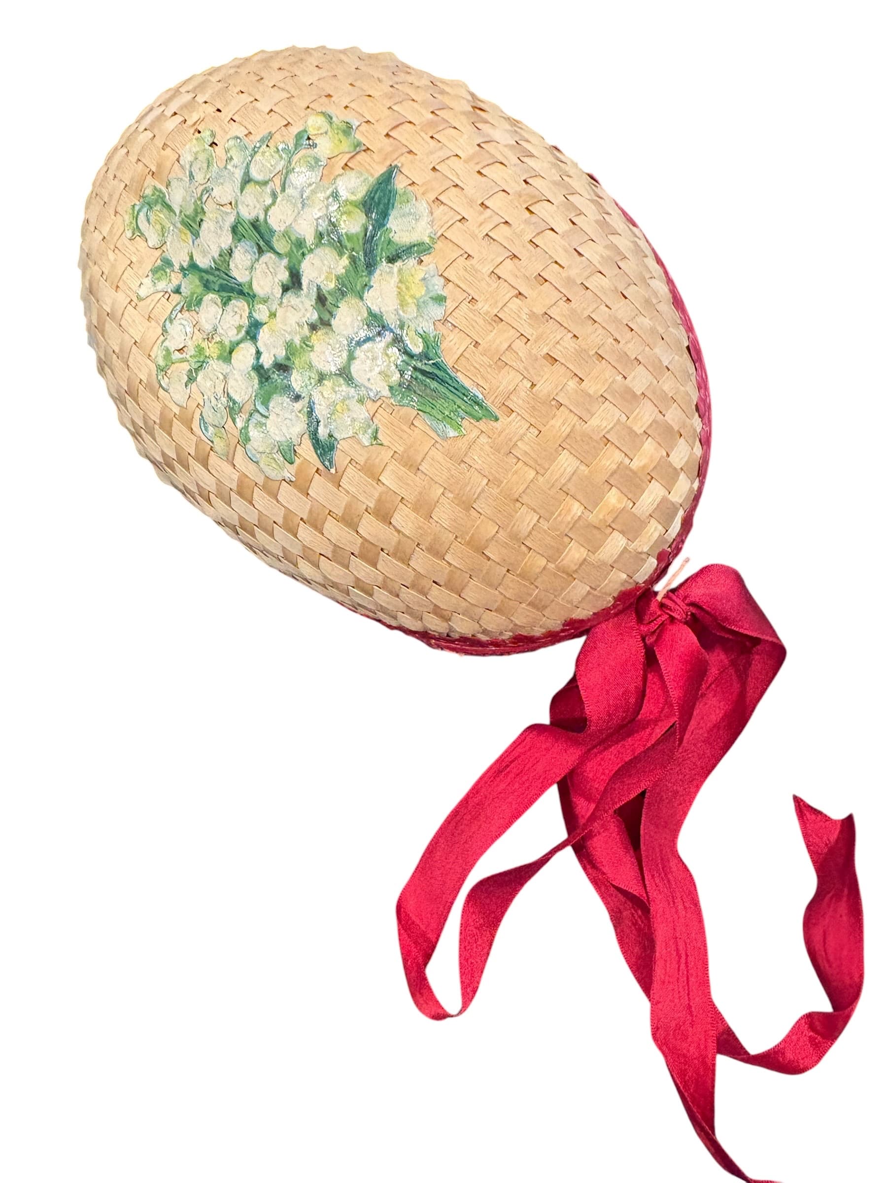 Woven Splint Egg Box, Hand-Painted Lily of the Valley, Antique Sewing (1270) - Regular - Image 1