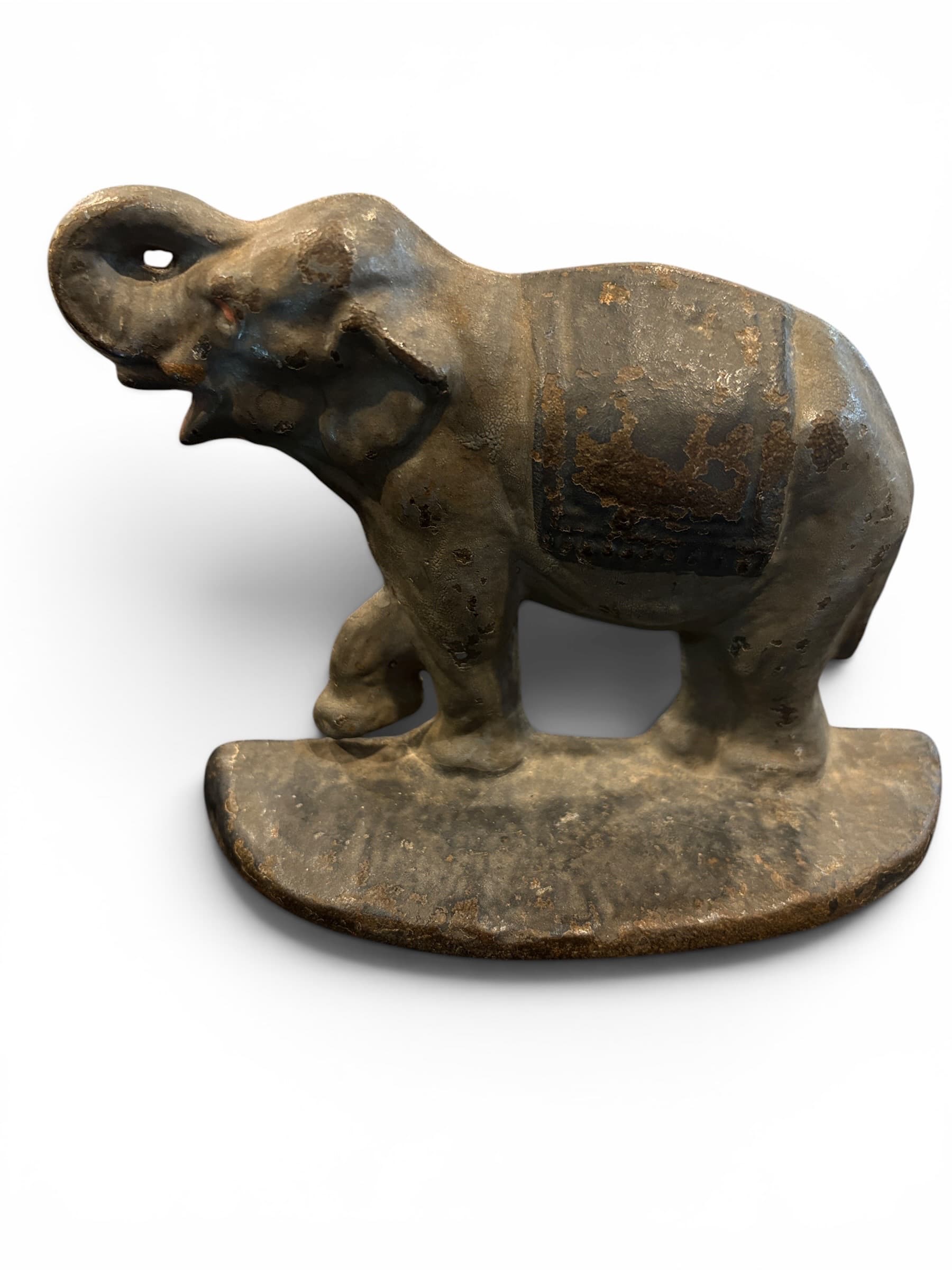 Antique Cast Iron Elephant Doorstop – Trunk Up, Saddle Blanket Detail, Flat Base (941) - Regular - Image 1