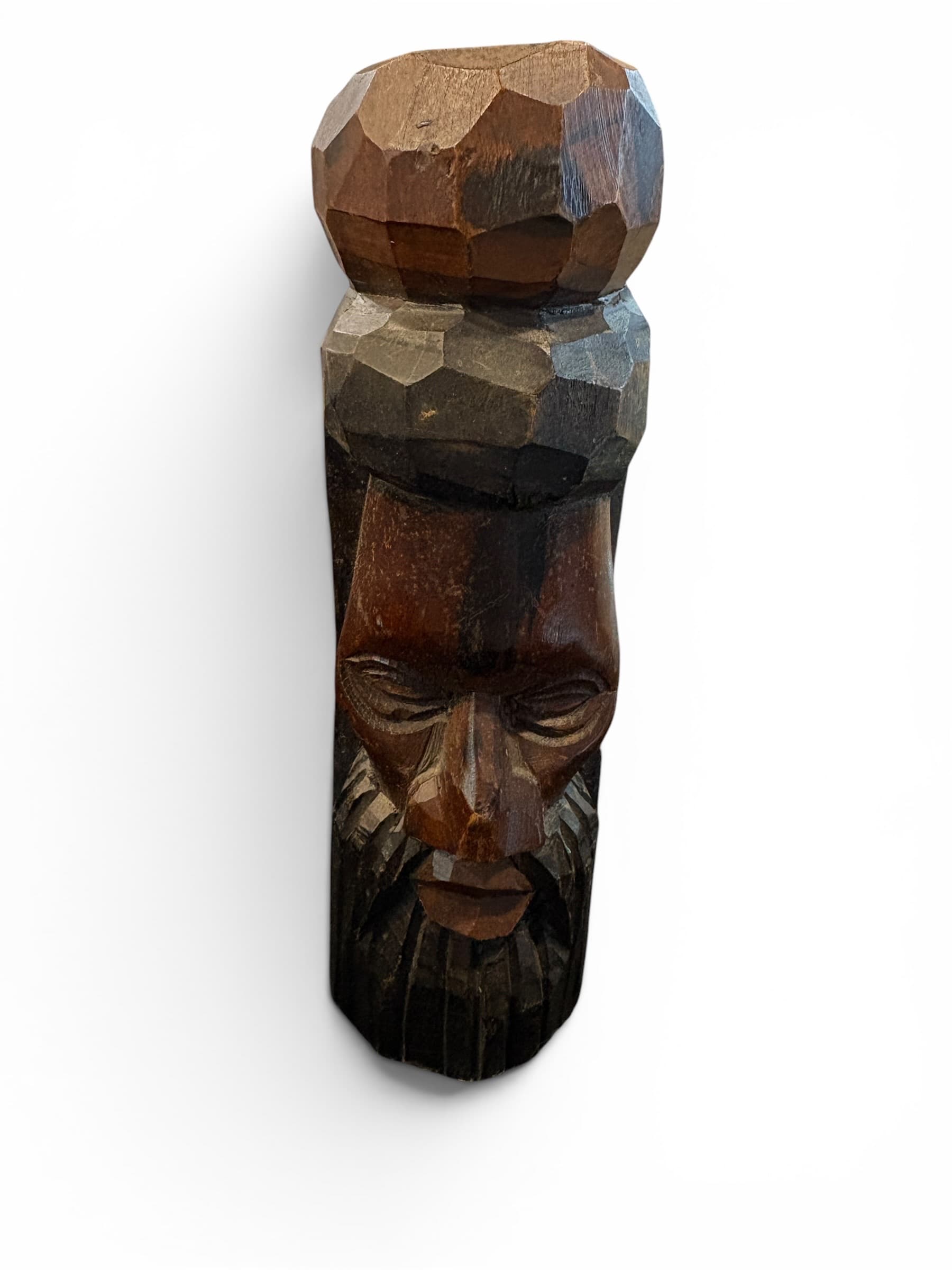 Vintage Folk Art Carved Wood Totem Head Sculpture, Faceted Cubist Style, 8.5” - Regular - Image 1