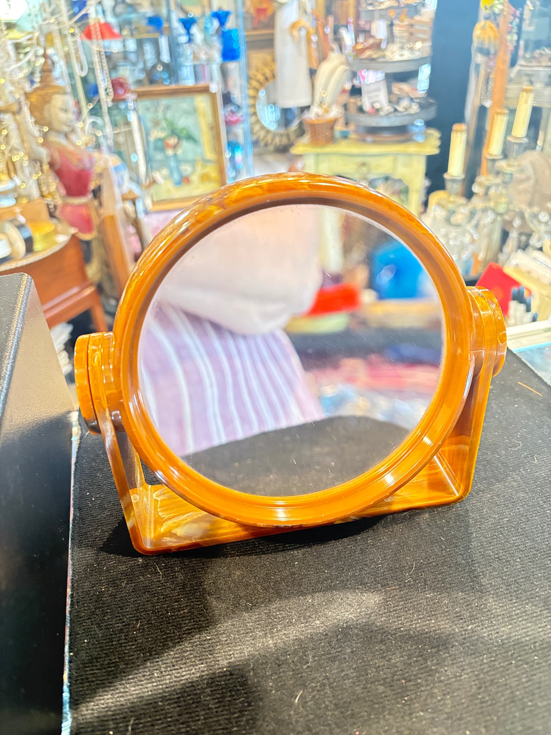 1950s Butterscotch Marbled Lucite Tilt Round Vanity Mirror (1205) - Regular - Image 1
