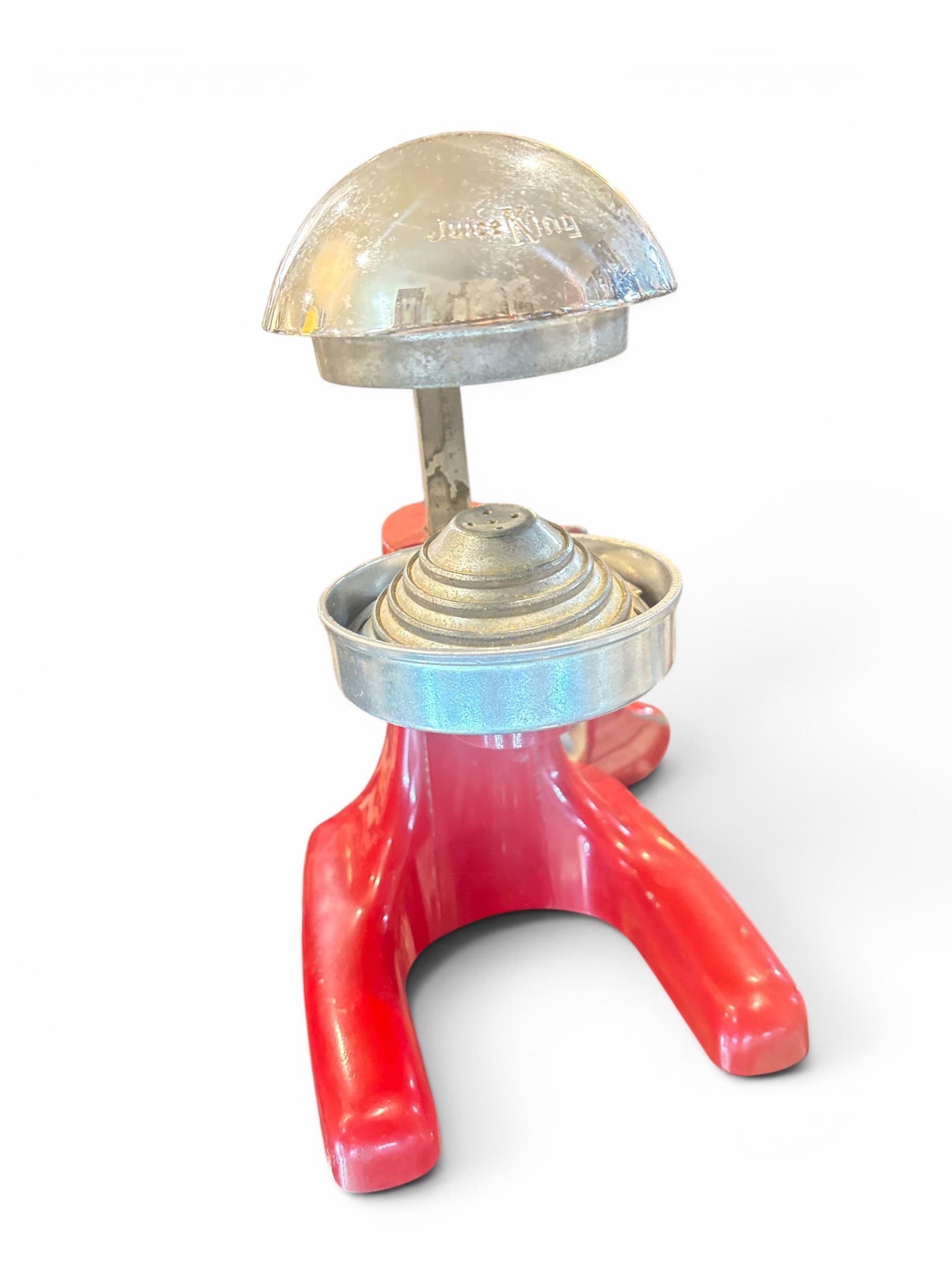 Vintage Juice King Lever Press Citrus Juicer, Red Cast Metal Tripod Base, Chrome Dome Reamer - Regular - Image 1