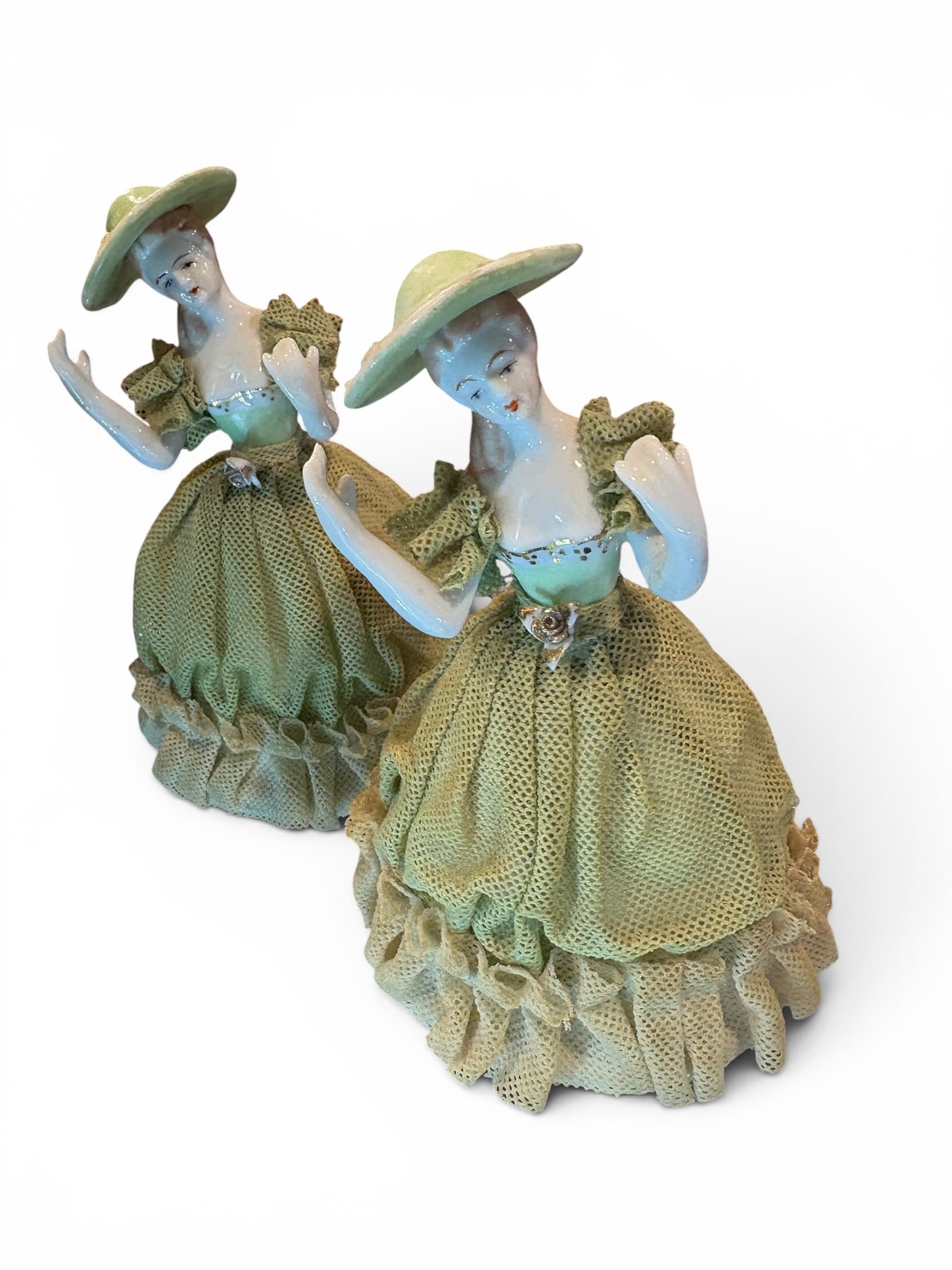 Vintage Porcelain Lace Figurine Twins, Matched Set, Sage Green Lady Figures, Dresden Style, Unmarked - Regular - Image 1