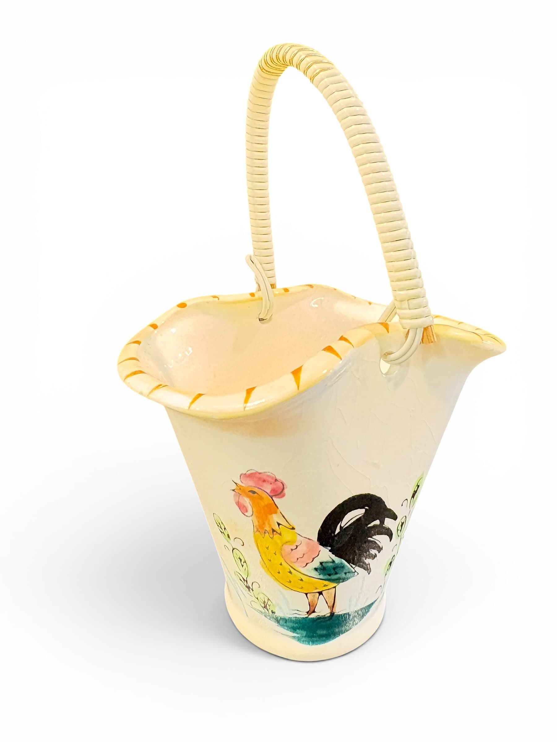 Hand Painted Rooster Basket Vase Crackle Glaze Wicker Handle (1205) - Regular - Image 1
