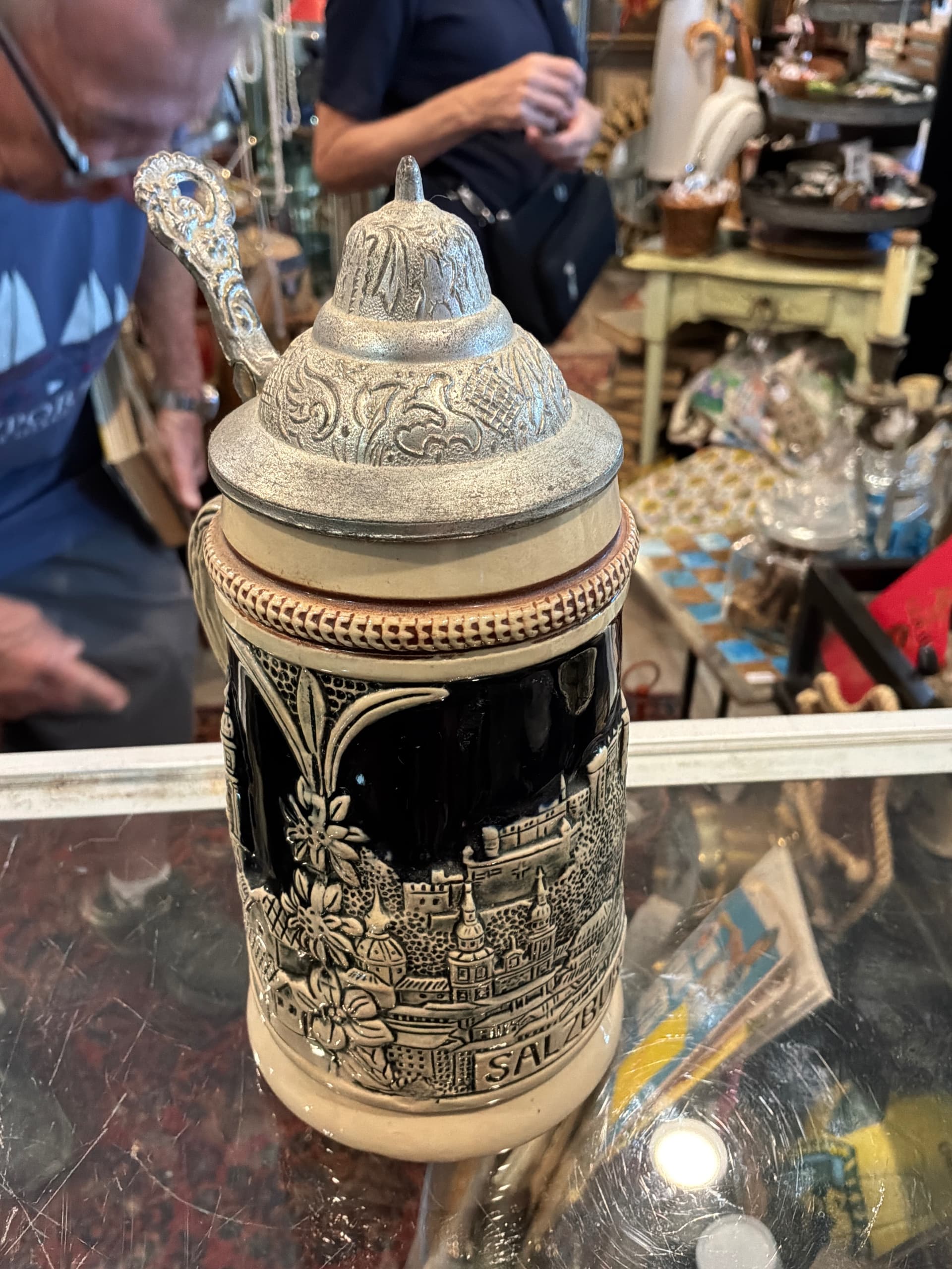 Vintage German Beer Stein | Salzburg Austria Souvenir | King-Werk Pewter Lid | Glockenspiel Relief Stoneware Tankard - Regular - Image 1