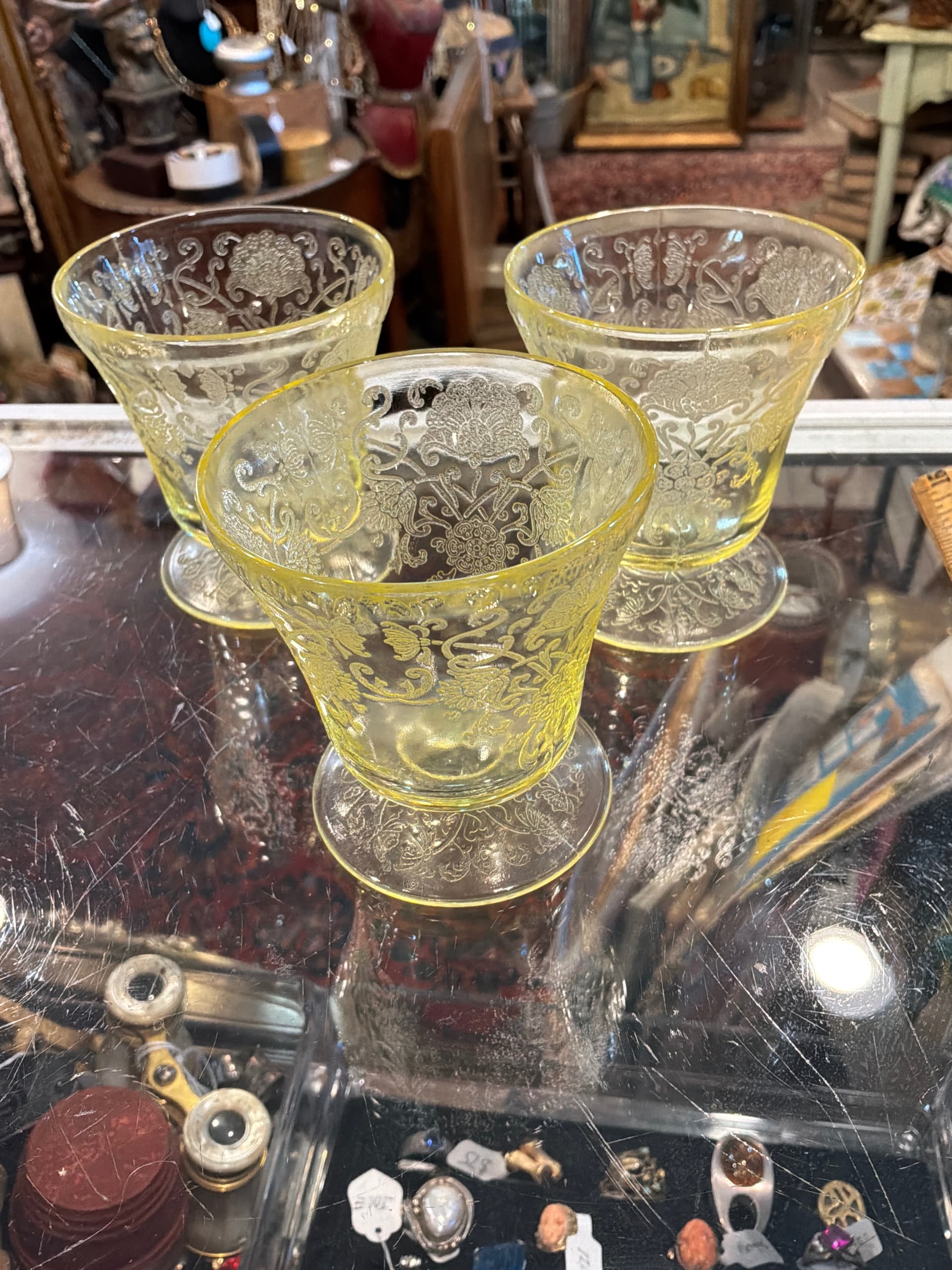 3 Etched Glass Footed Sherbets, Yellow Fostoria? Vaseline Glass - Regular - Image 1