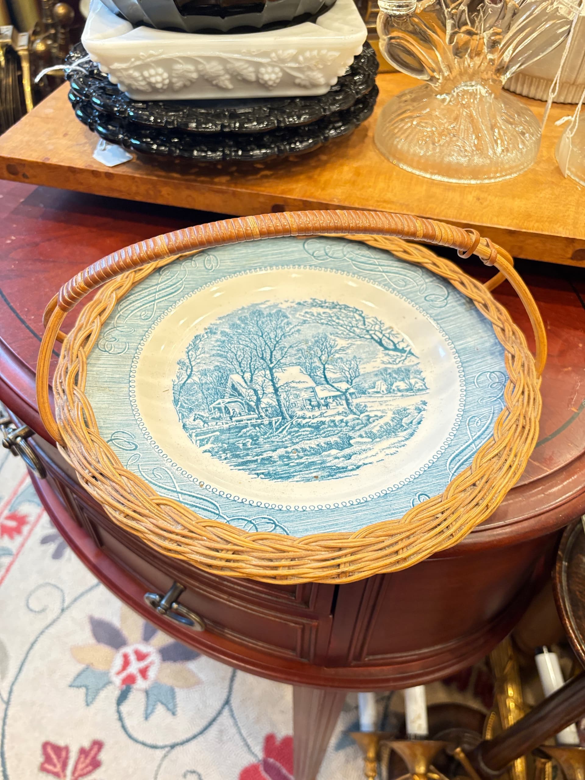 Currier & Ives Winter Grist Mill Scenes Wicker Basket Tray (1205) - Regular - Image 1