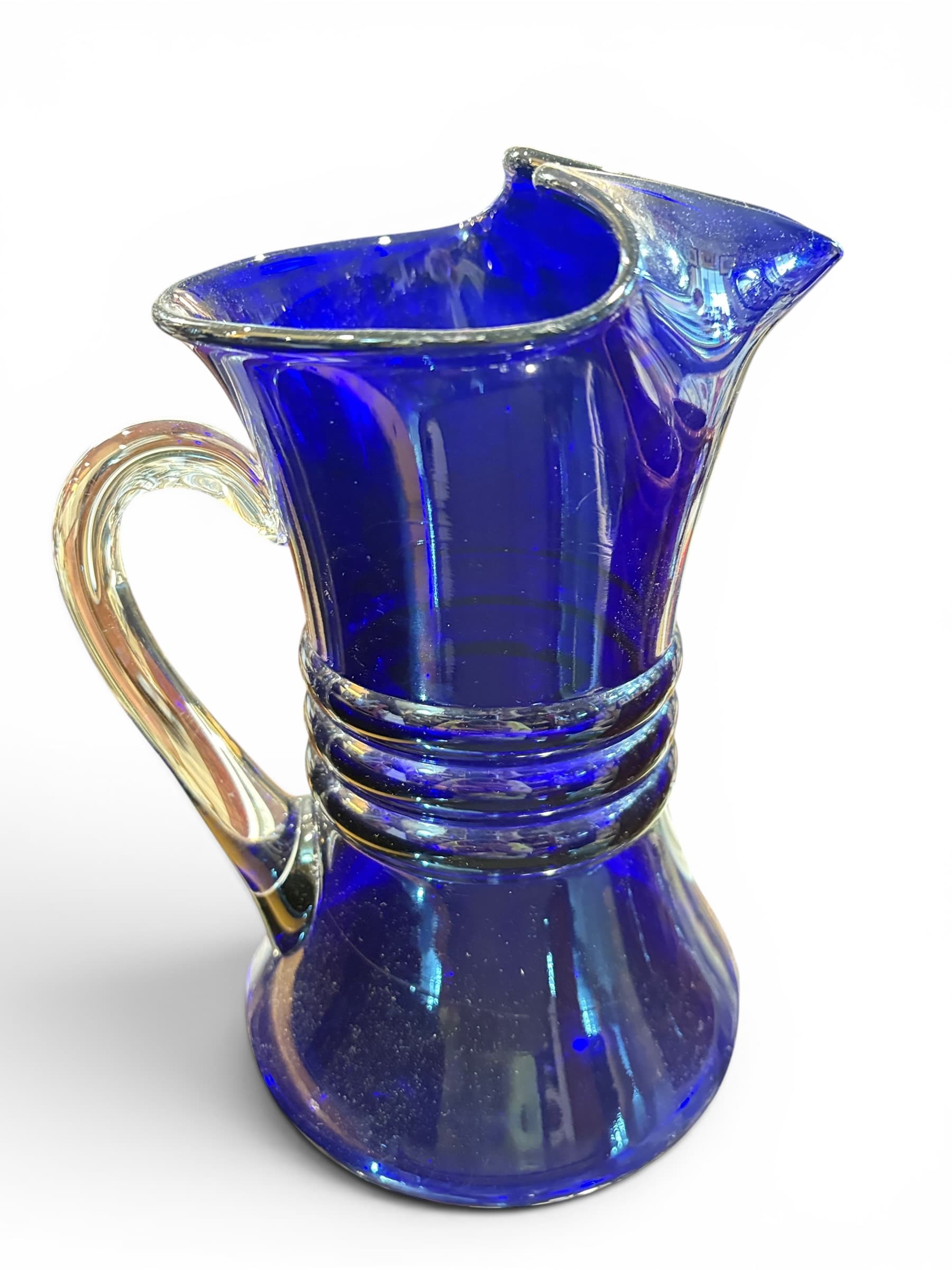 Cobalt Blue Hand Blown Art Glass Pitcher Creamer Ruffled Spout Unmarked - Regular - Image 1