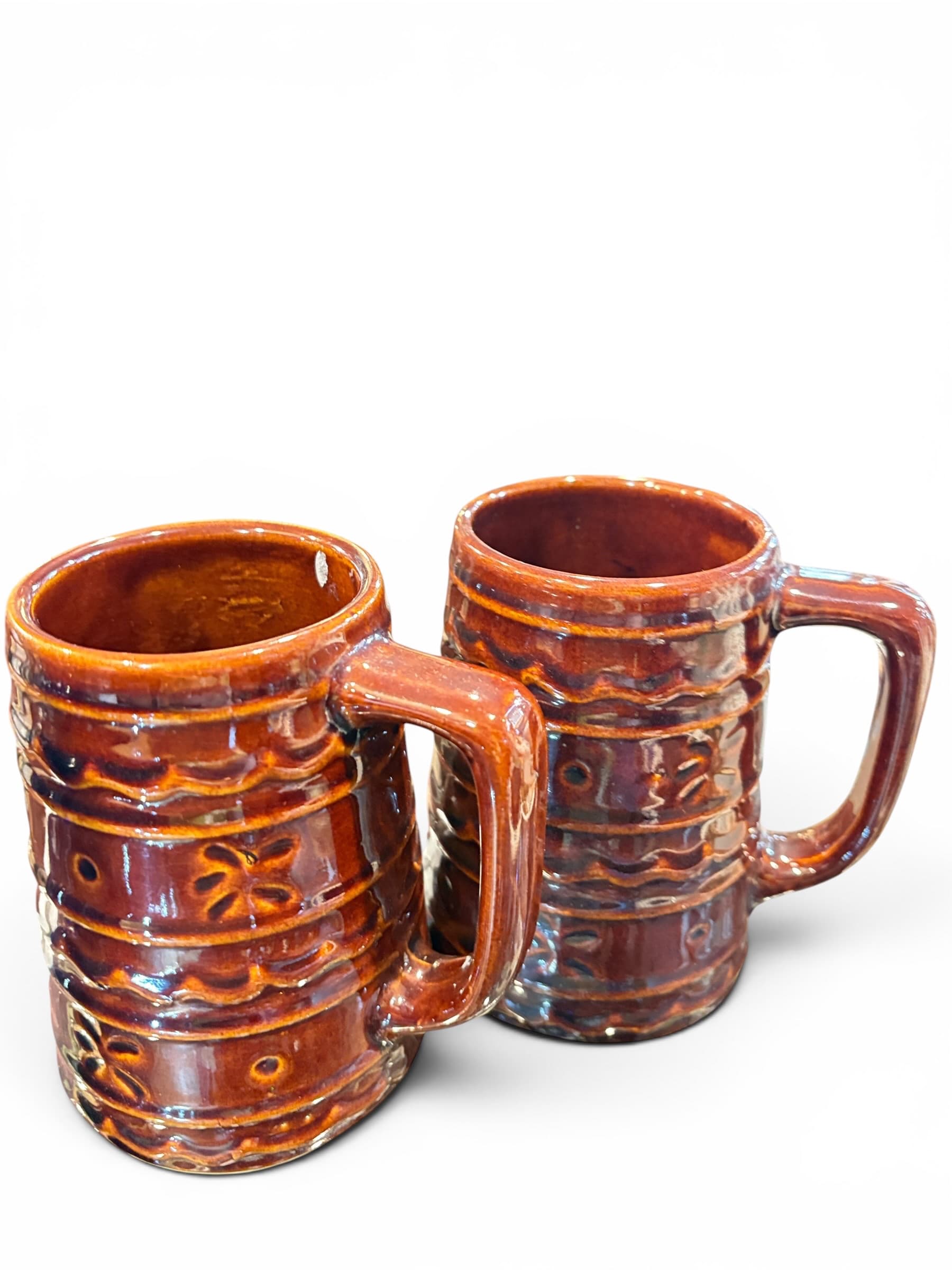 Pair Vintage Studio Pottery Large Brown Drip Tankard Mugs AS IS (1205) - Regular - Image 1