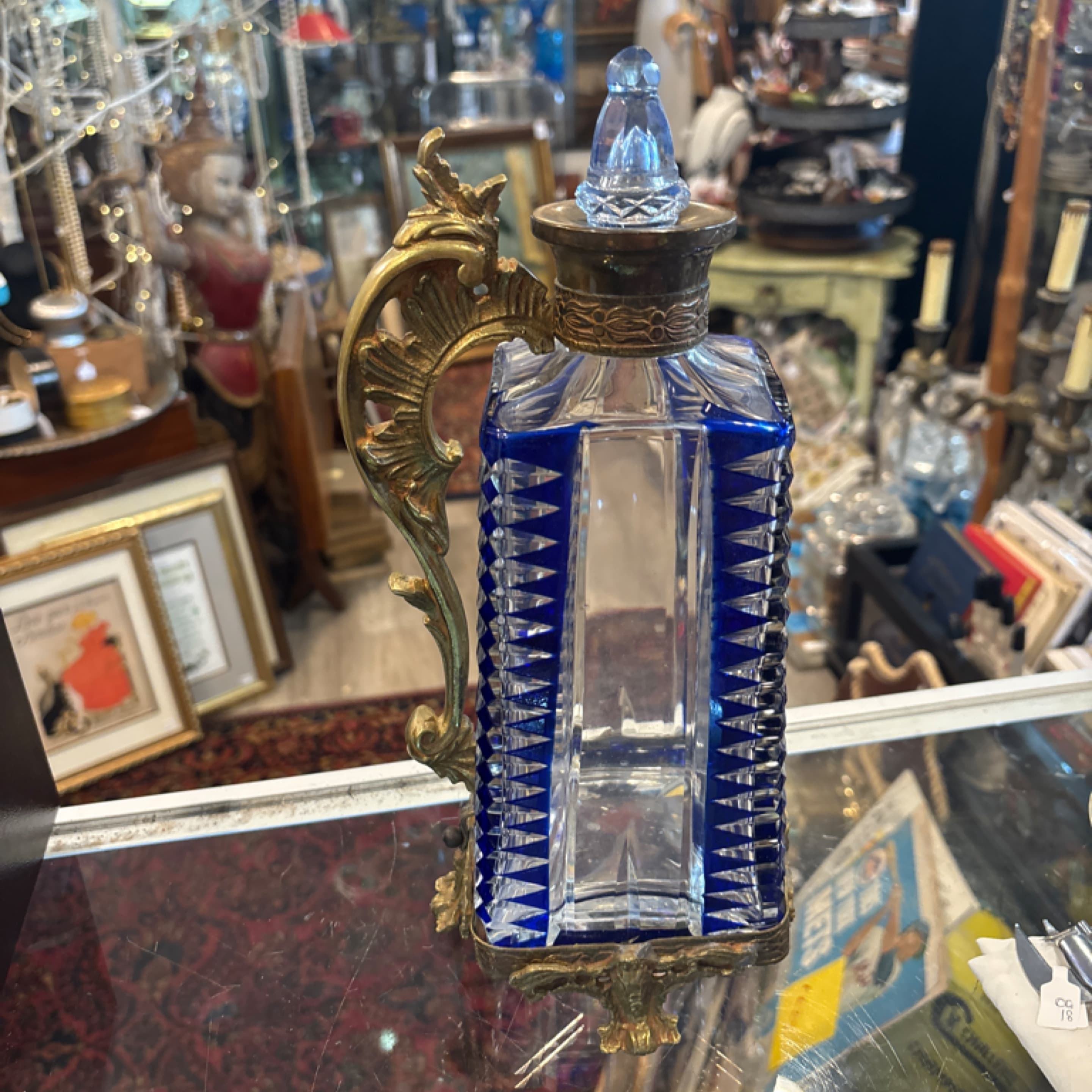 19th C. Cobalt Blue Cut-to-Clear Crystal Ewer, Gilt Mounts (1205) - Regular - Image 1