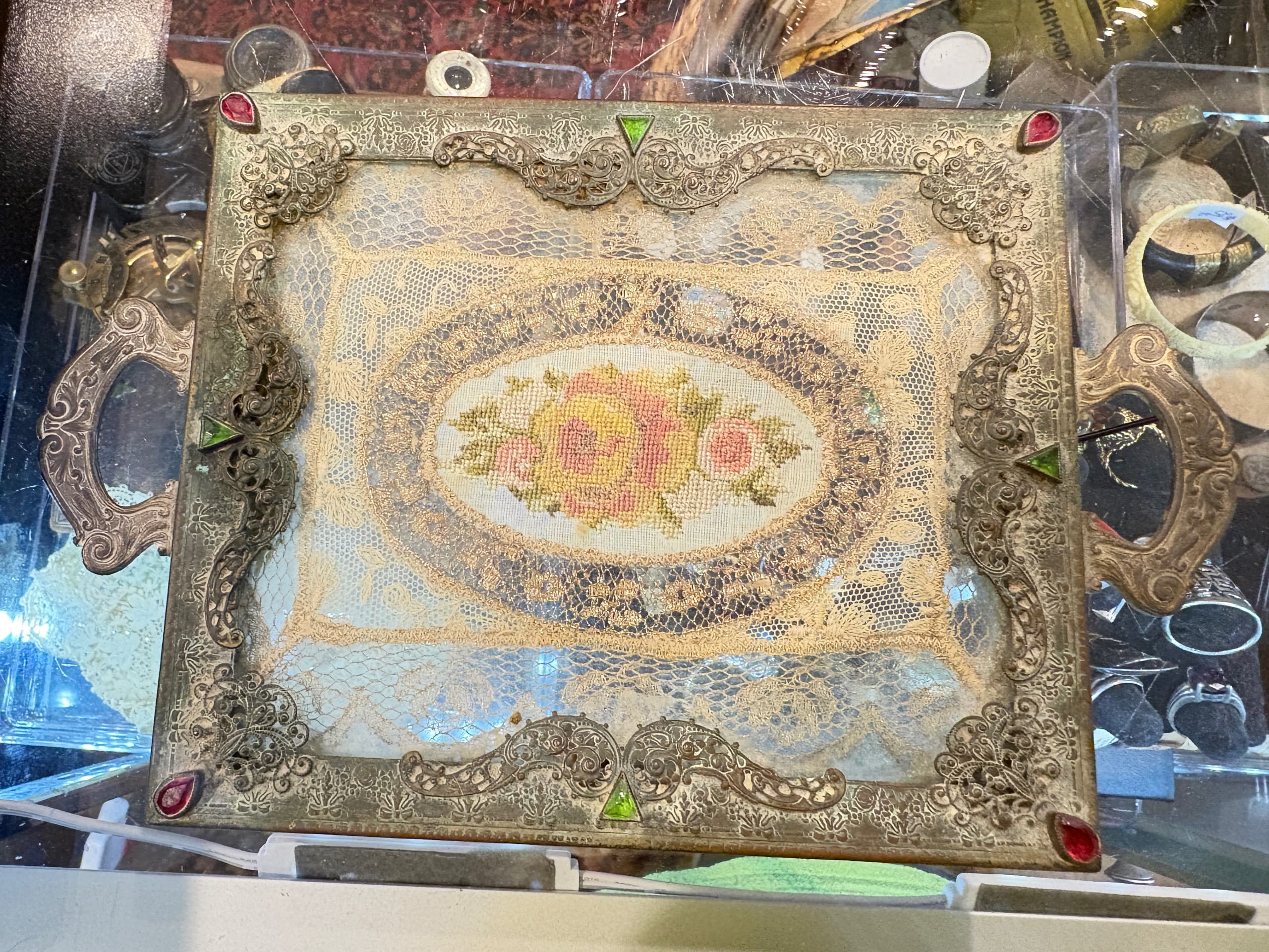 Antique Jeweled Ormolu-Style Decorative Panel with Metallic Lace & Petit Point Floral Medallion, 6x5” - Regular - Image 1