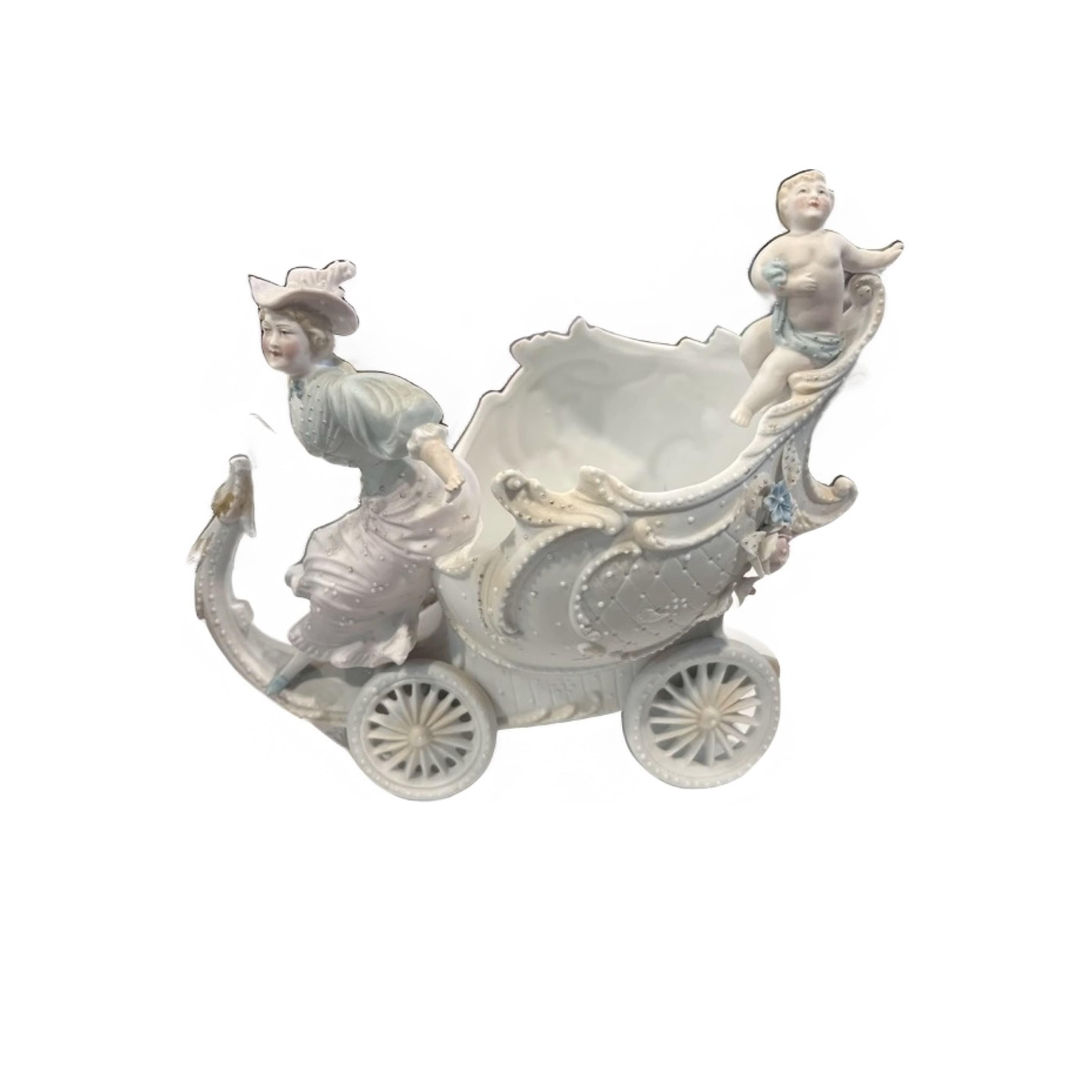 German Bisque Figural Carriage Planter – Girl & Cherub, c. 1890s (941) - Regular - Image 1