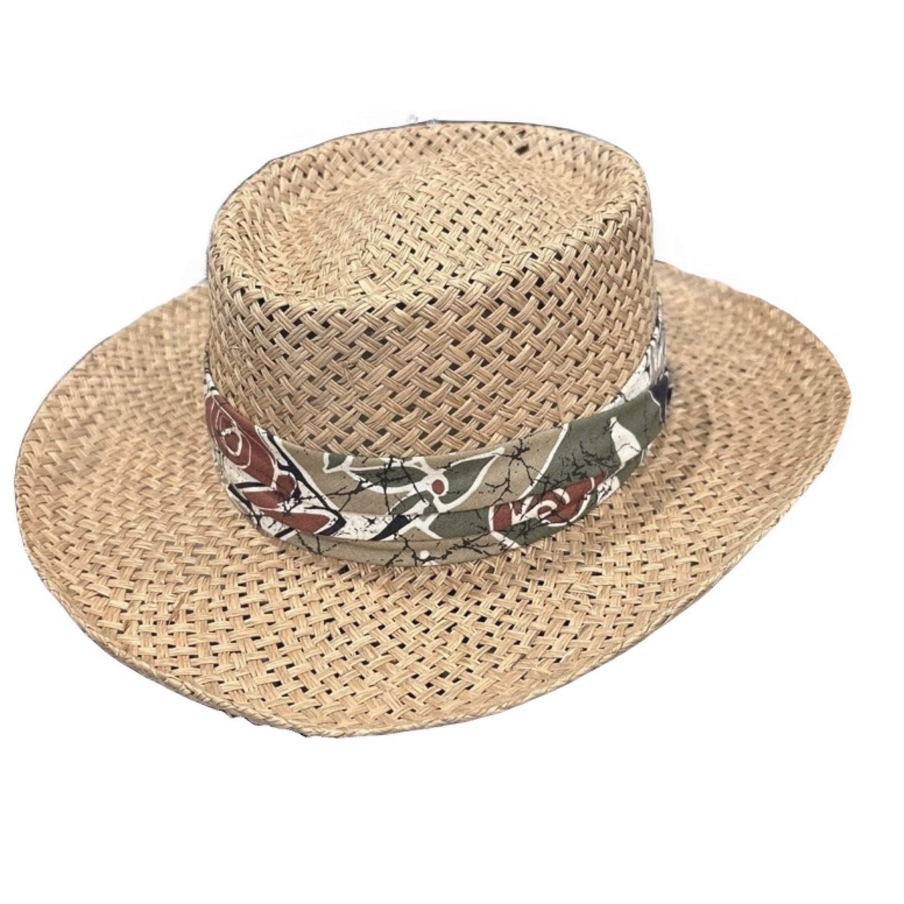 Woven Straw Wide Brim Sun Hat Batik Band Made in USA Med (1205) - Regular - Image 1