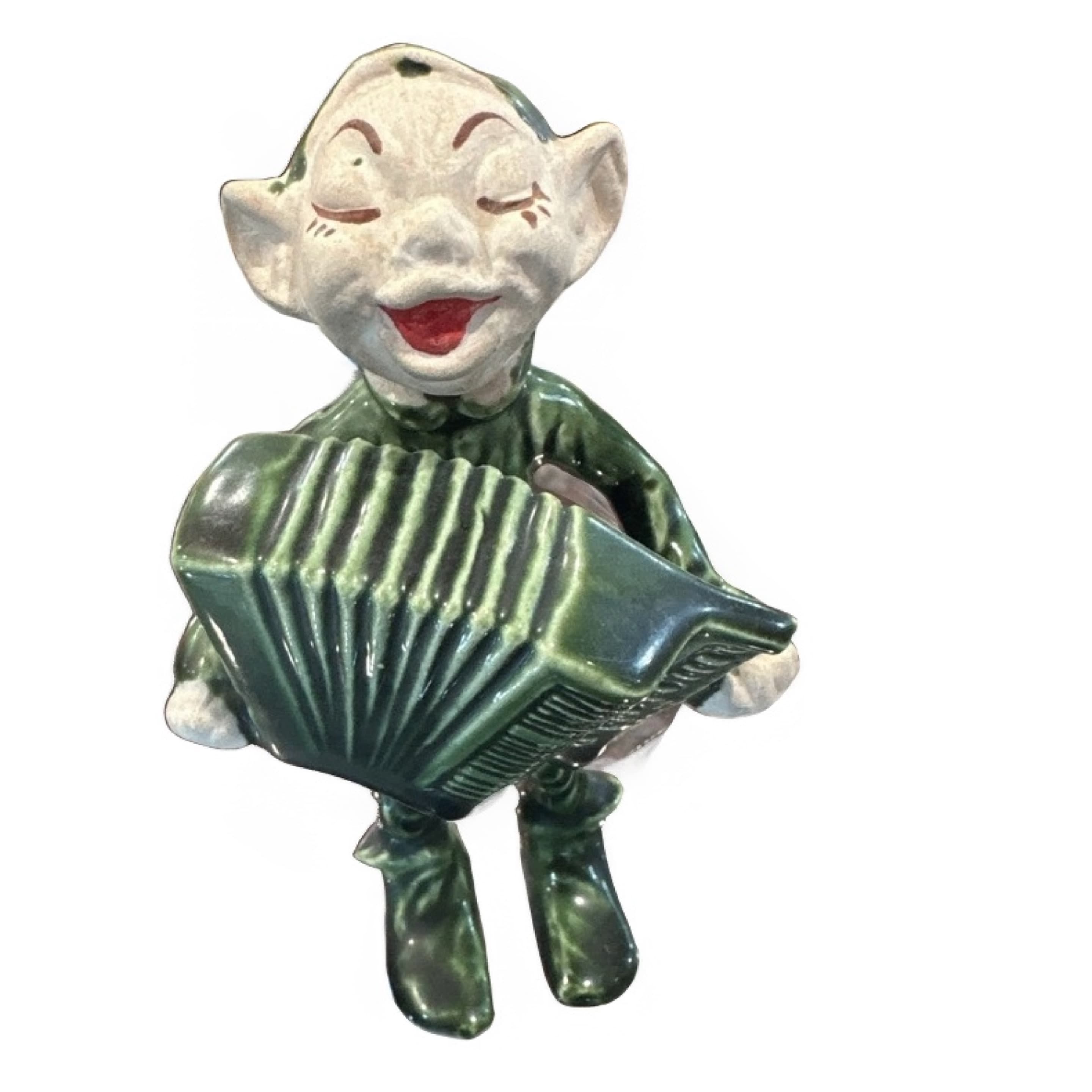 Vintage MCM Ceramic Pixie Elf Accordion Player Figurine, Green Glaze Bisque Face, 1950s Japan Style Kitsch Shelf Sitter 7.5in (1205) - Regular - Image 1