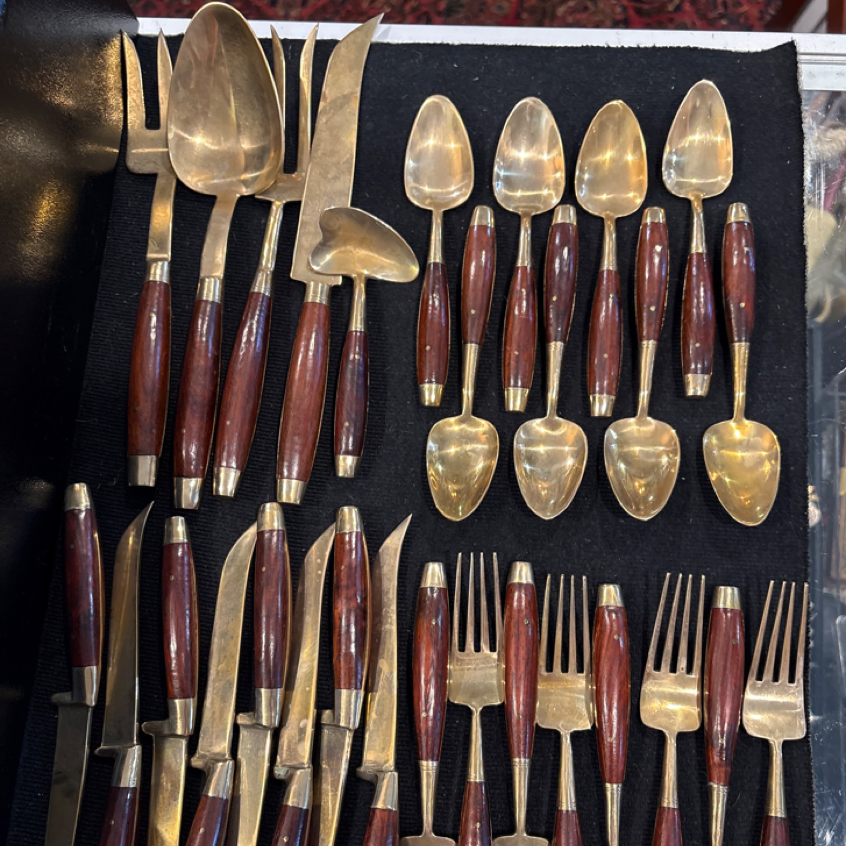 Vintage Rosewood Handle Brass Flatware Set, Service 8 (941) - Regular - Image 1