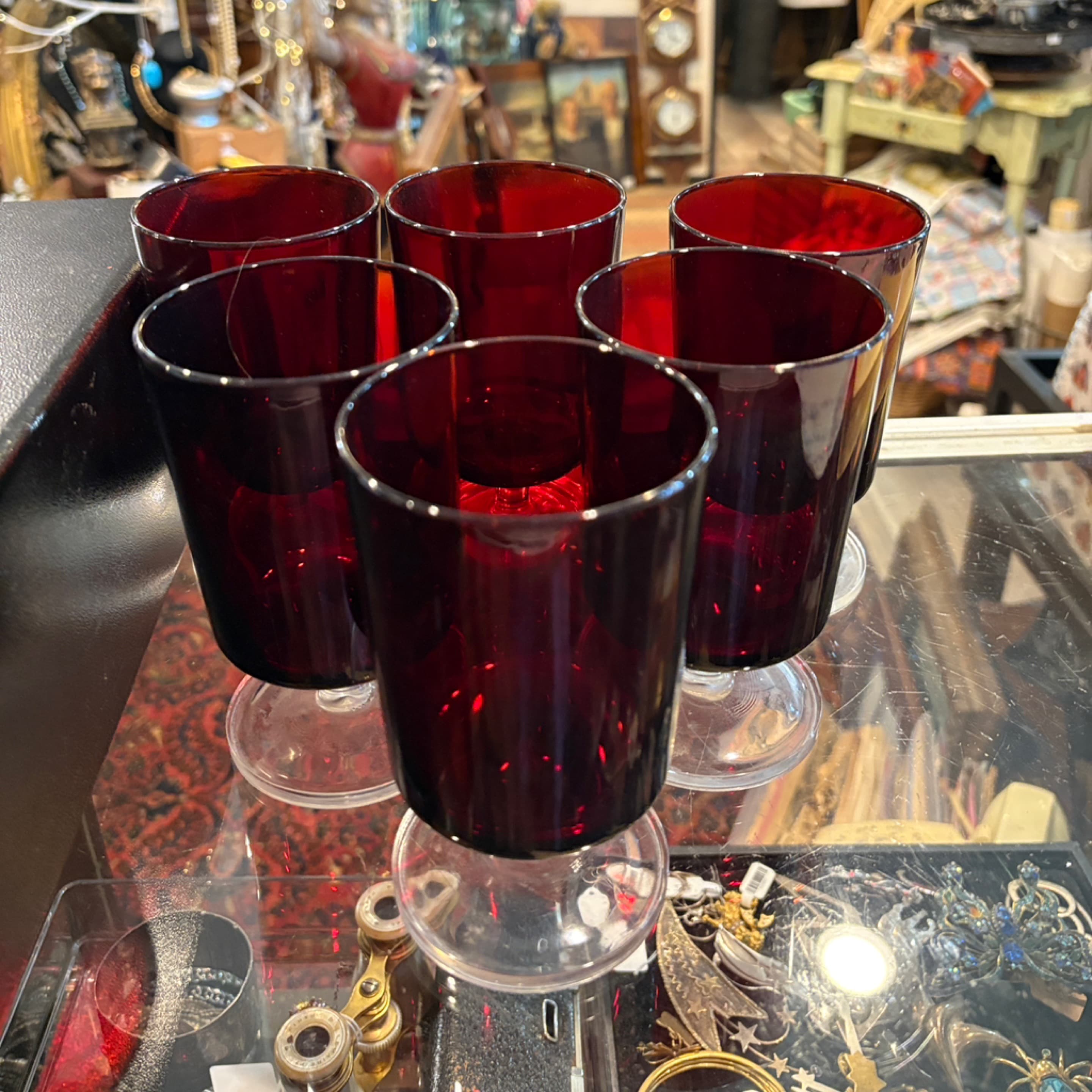 Vintage French Ruby Red Glass Paneled Footed Tumblers Set 6 (941) - Regular - Image 1