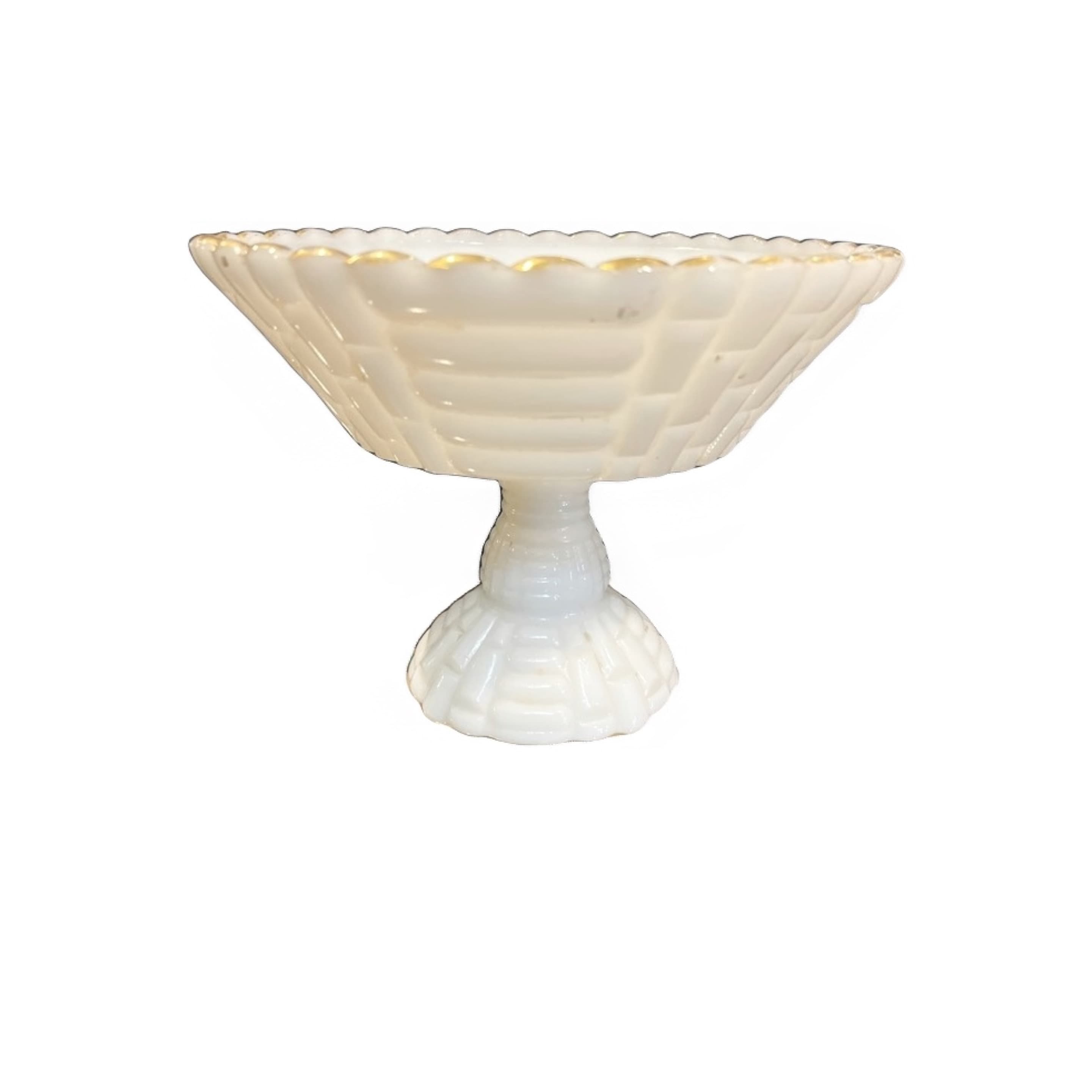 Milk Glass Pedestal Compote Gold Beaded Rim Ribbed Footed Bowl (1270) - Regular - Image 1