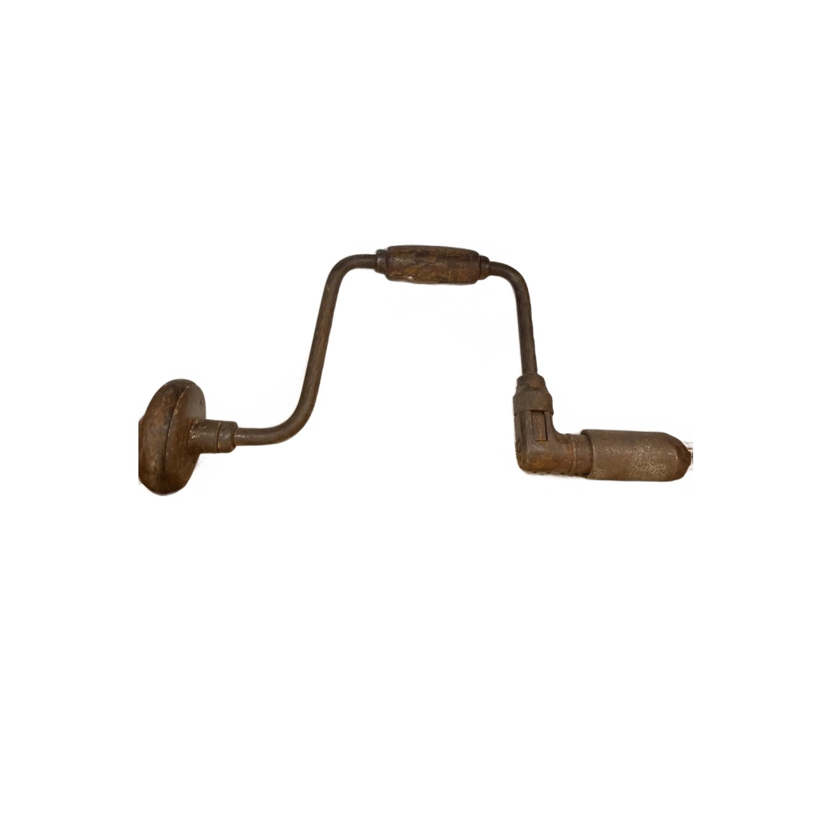 Antique Hand Brace Drill – Heavy Patina | Metal Top Knob | Ratchet Chuck | ~10” Sweep - Regular - Image 1