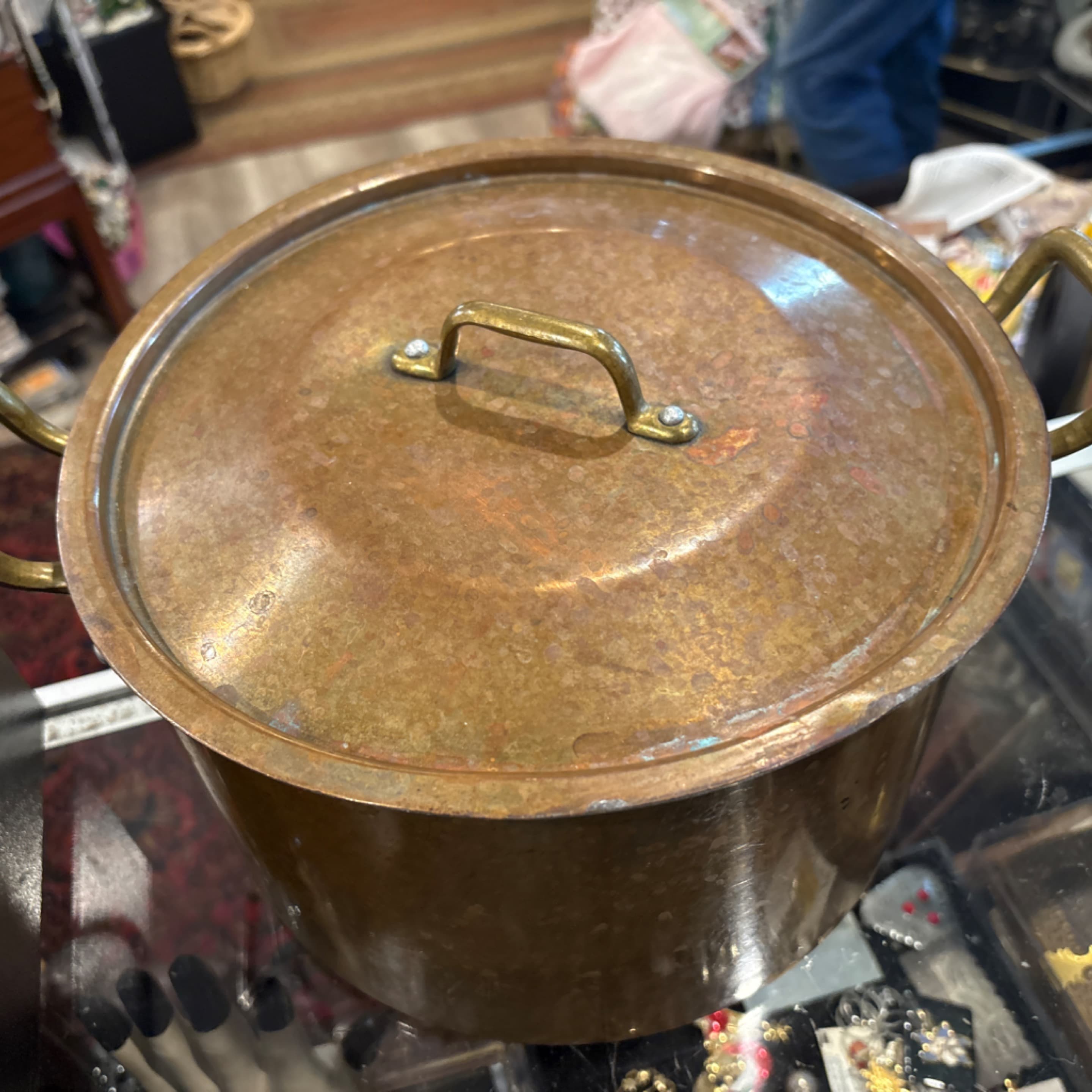 Antique Hand-Hammered Copper Stockpot Brass Handles Lid (941) - Regular - Image 1