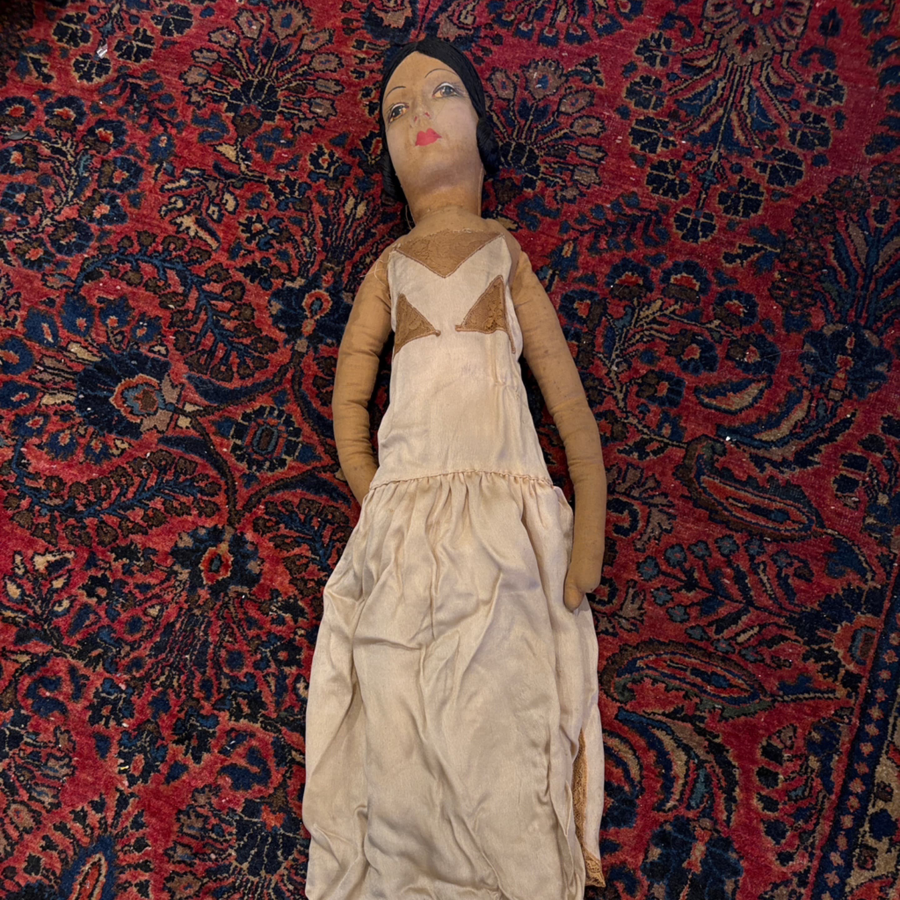 Antique 1920s Silk Boudoir Doll Lace Trim Flapper Era (1270) - Regular - Image 1
