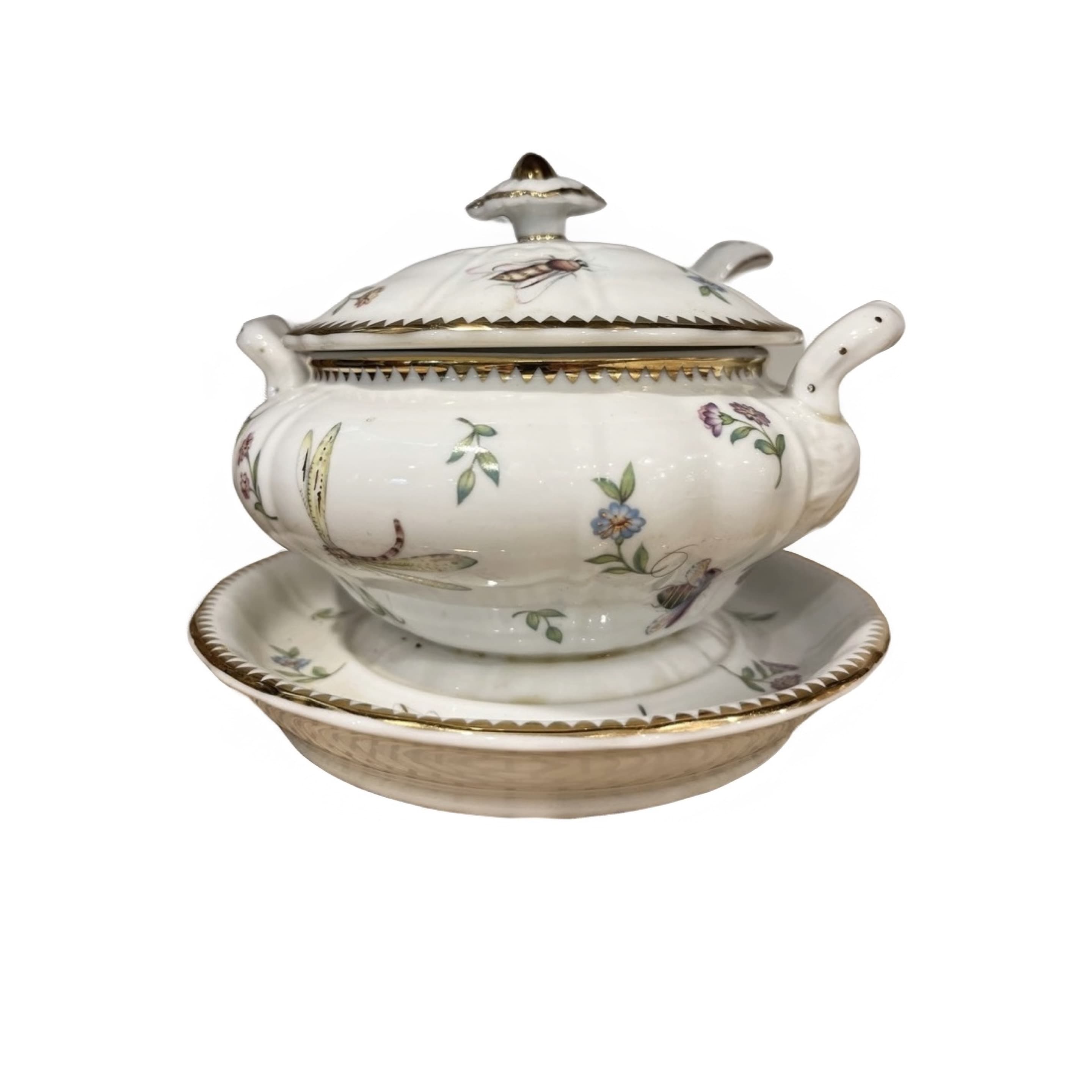 Godinger & Co Porcelain Soup Tureen 3-Pc Butterfly Botanical Gold Trim Lid Underplate 6” - Regular - Image 1