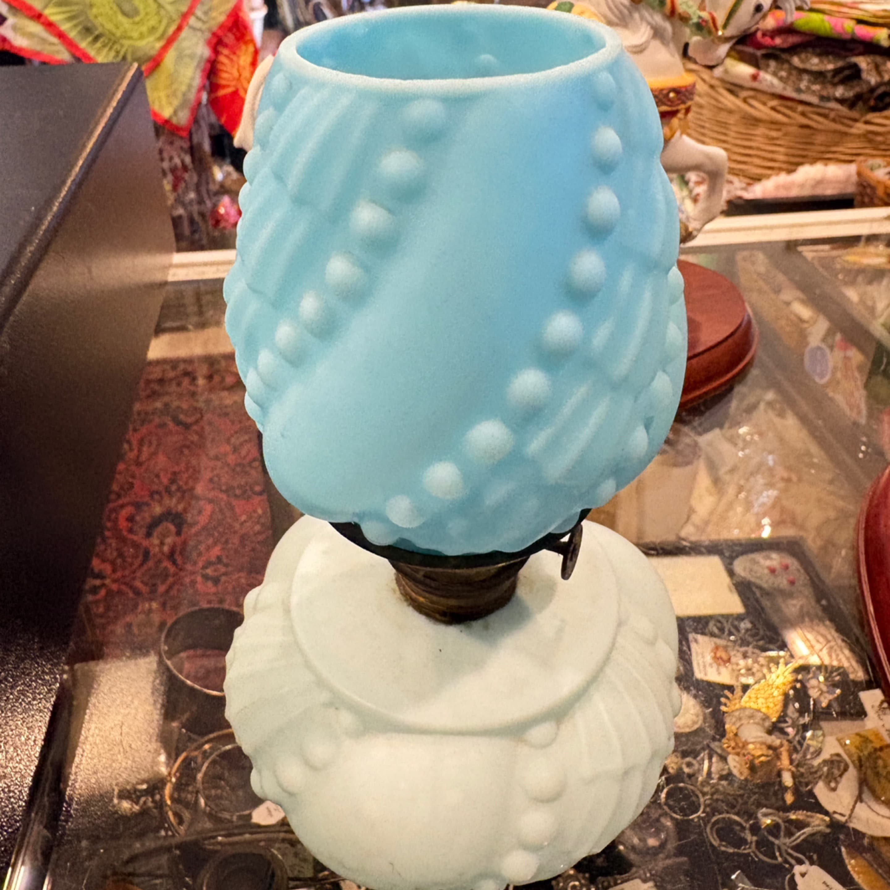 Antique Hobnail Milk Glass Mini Oil Lamp Blue & White (941) - Regular - Image 1
