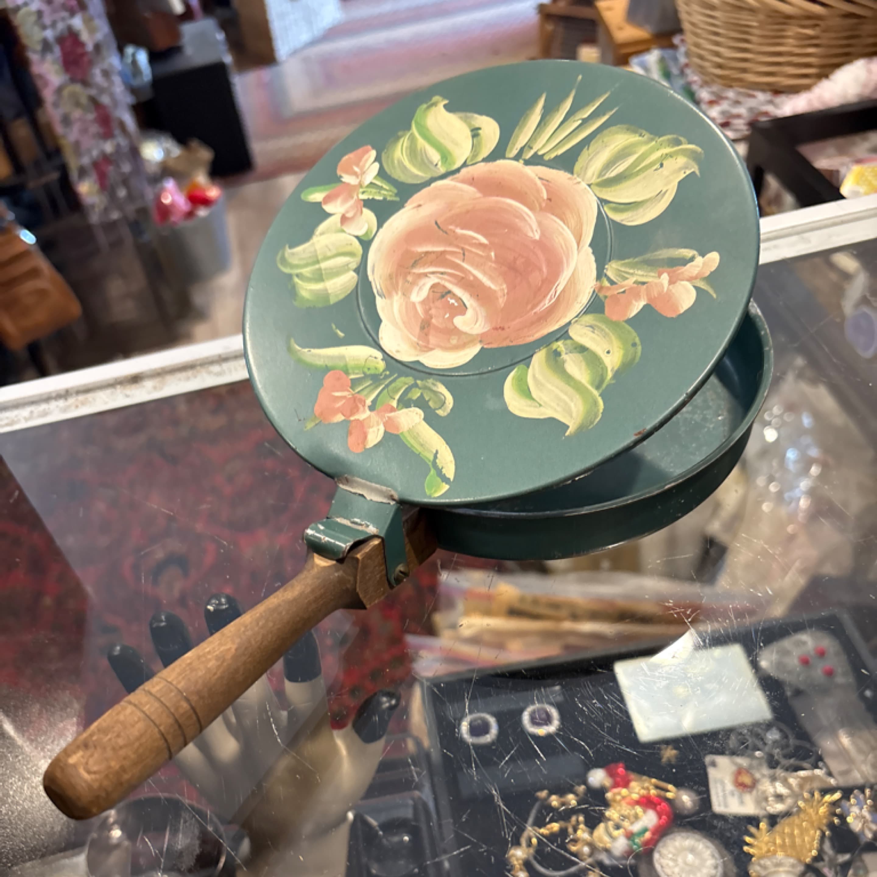 Tole Painted Box Green Metal Rose Floral Lid Wood Handle (1270) - Regular - Image 1