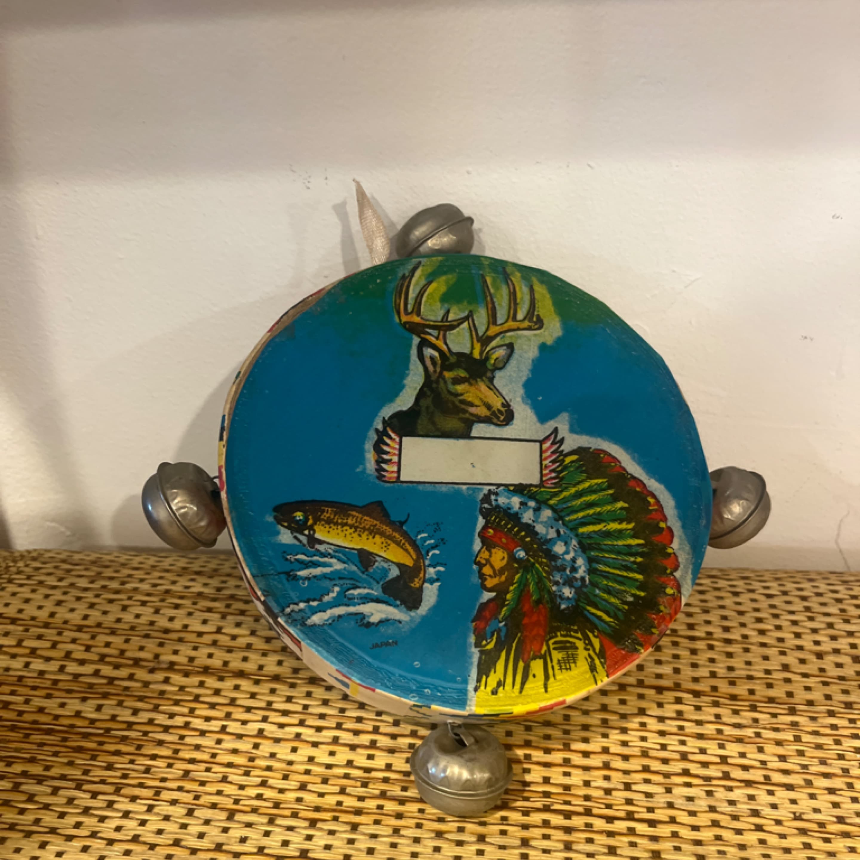 Toy Tambourine 5” Cardboard Head Native American Deer Leaping Fish 1950s (941) - Regular - Image 1