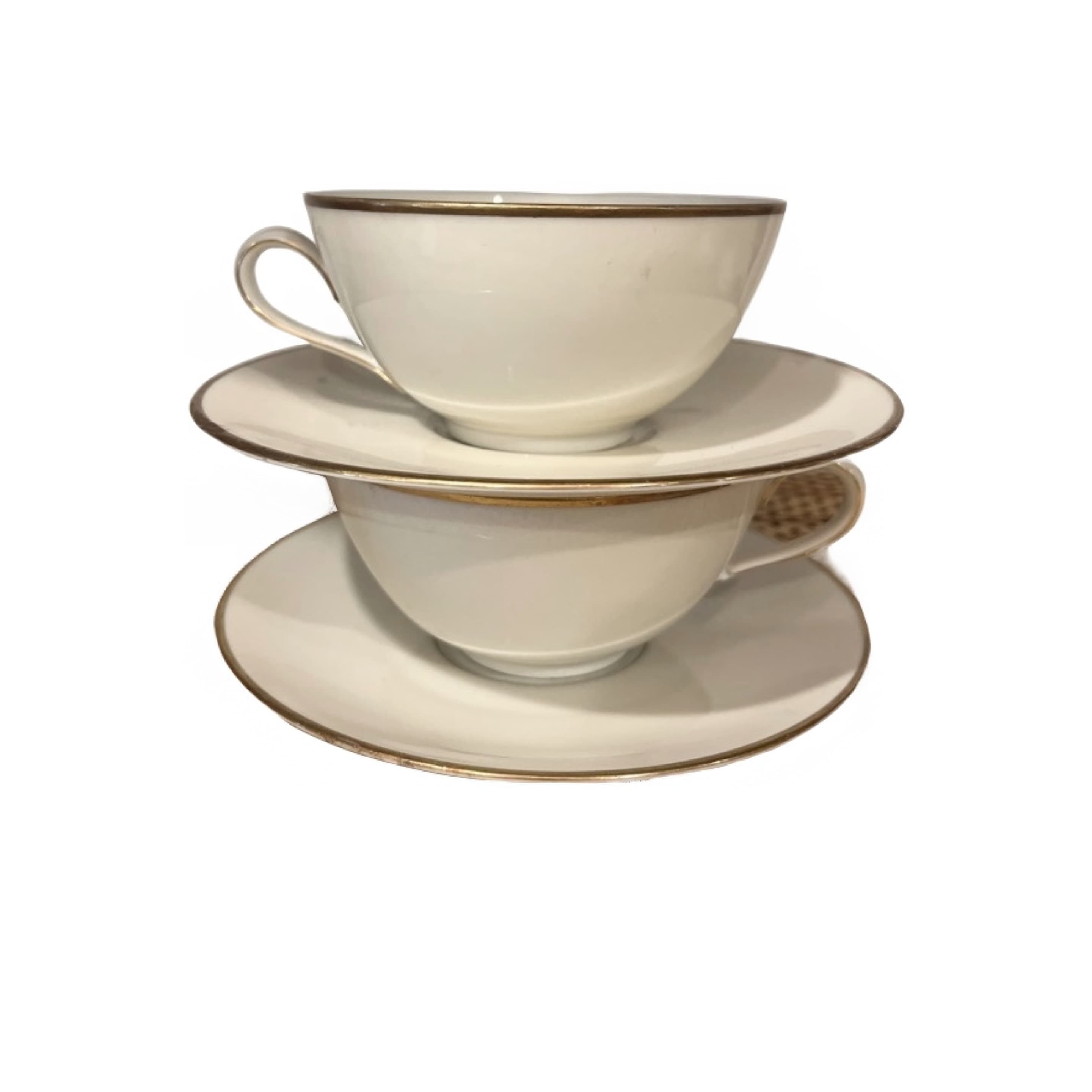 Seltmann Weiden Bavaria Cup & Saucer Pairs x2 Ivory Gold Rim West German Porcelain — 1 w/ Minor Chip - Regular