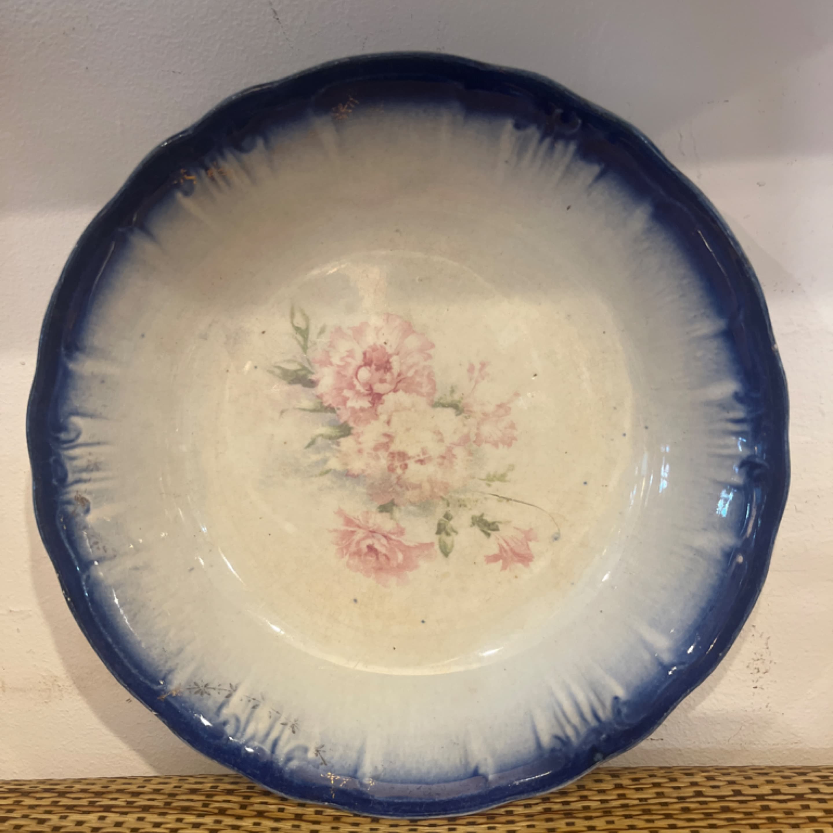 Antique Flow Blue Bowl 8.5” Pink Floral Transfer Scalloped Rim Victorian Semi-Porcelain - Regular - Image 1