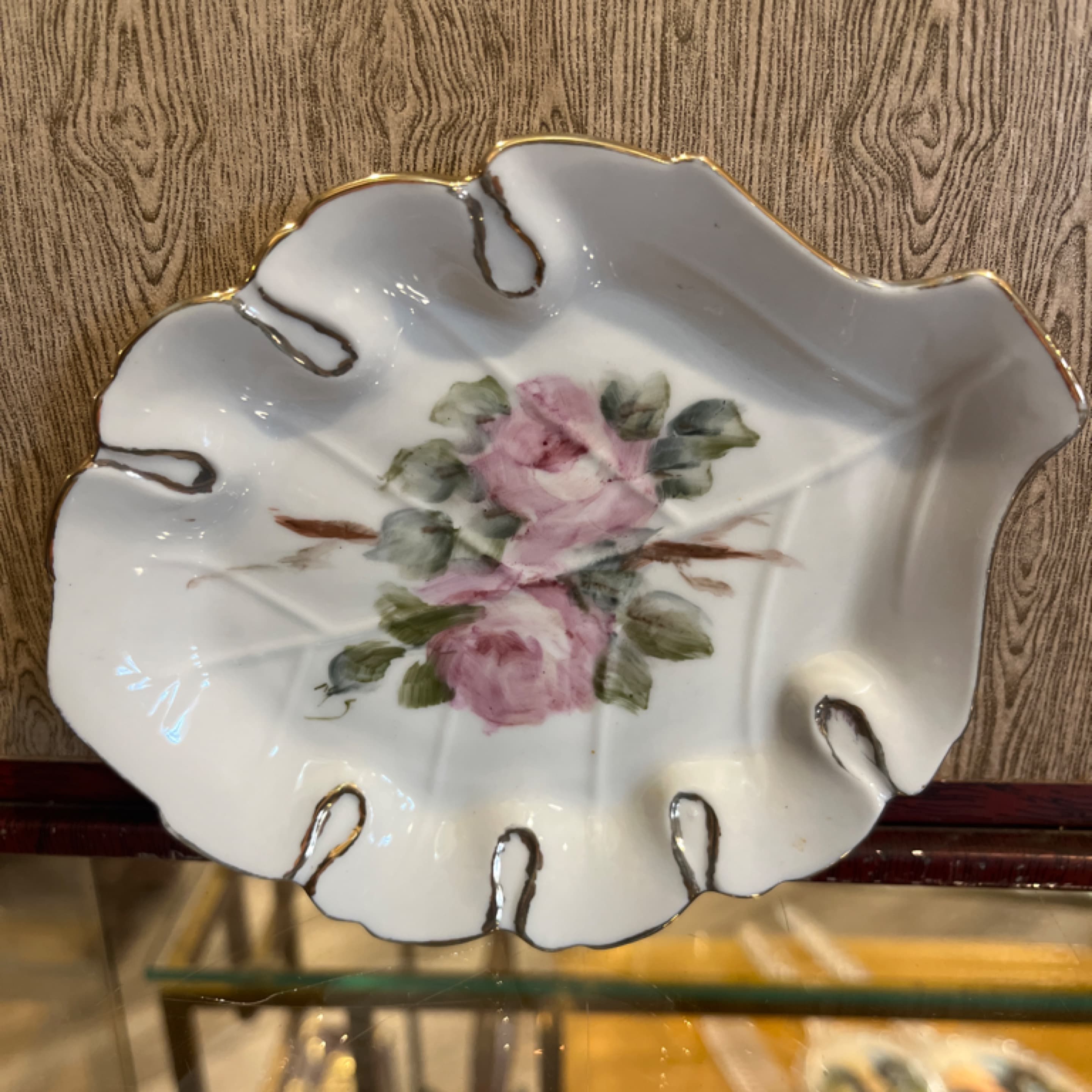 Antique Hand Painted Porcelain Vanity Trinket Dish Pink Roses Signed Artist Initialed Victorian - Regular
