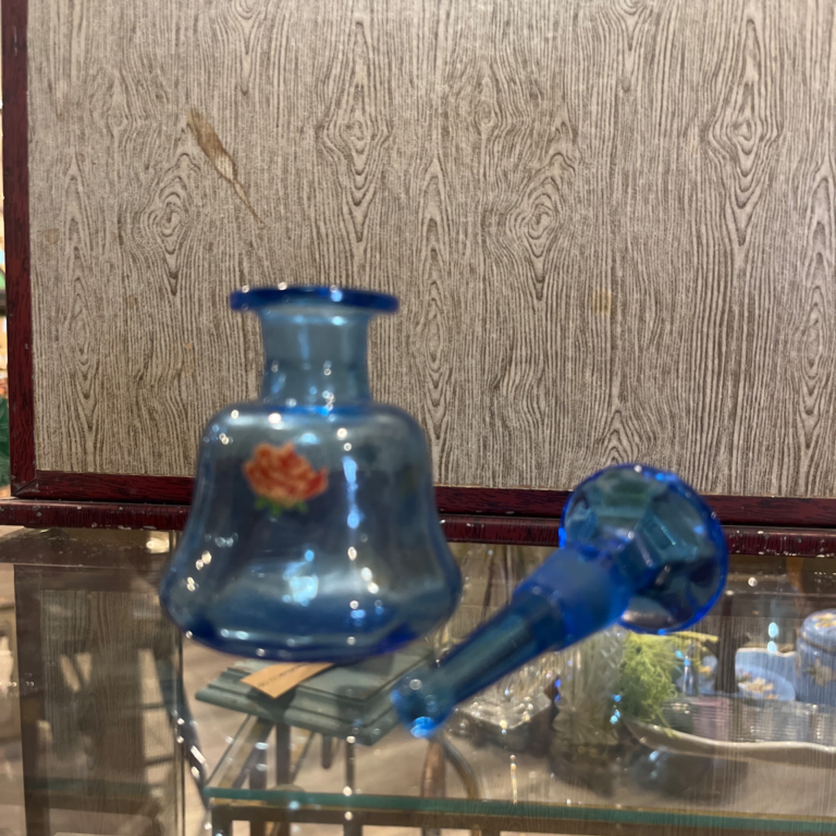 Vintage Blue Hand-Blown Glass Perfume Bottle with Stopper — Rose Decal, Mid-Century hub - Regular