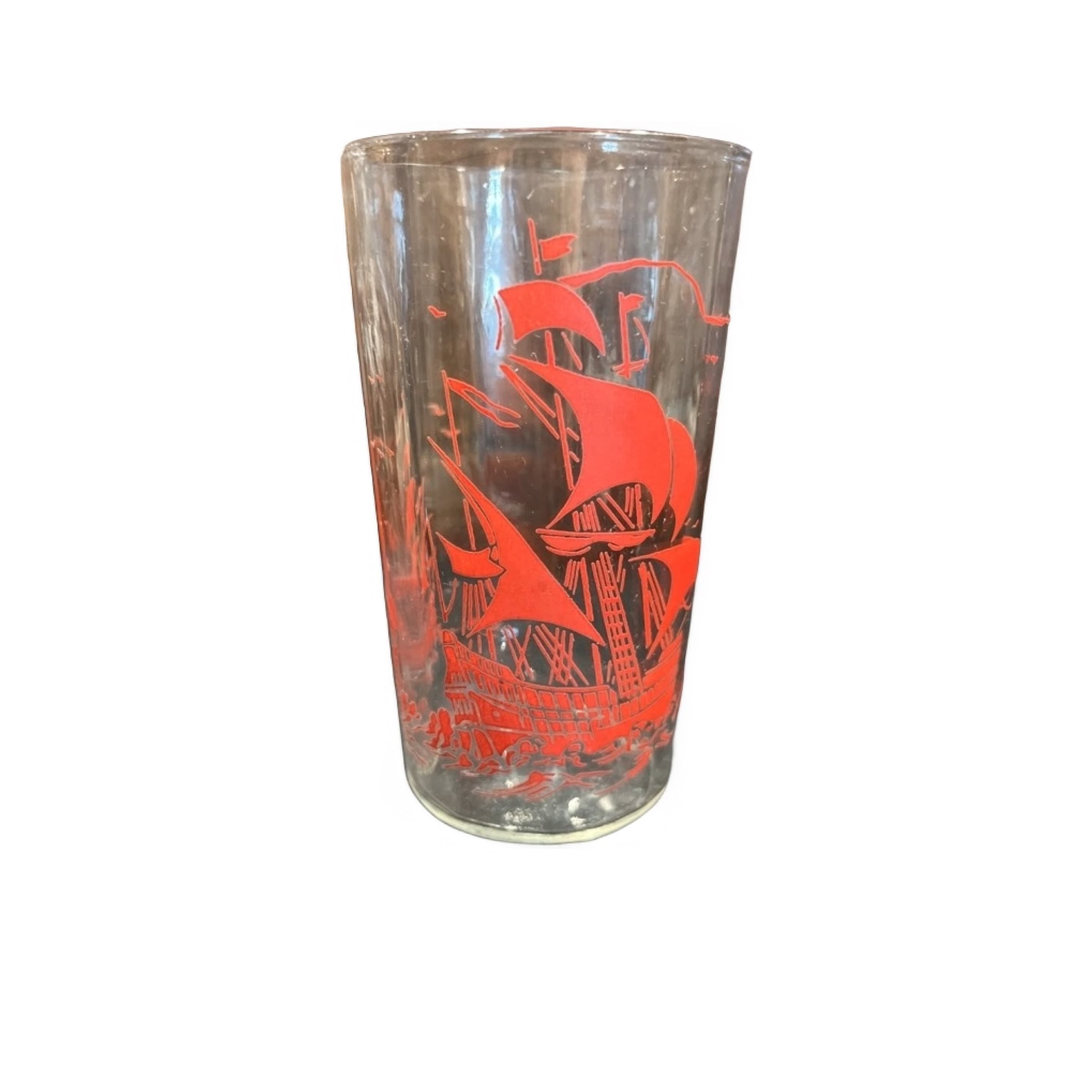 Vintage Red Galleon Tall Ship Glass Tumbler 5” Mid-Century Sailing Ship Barware - Regular