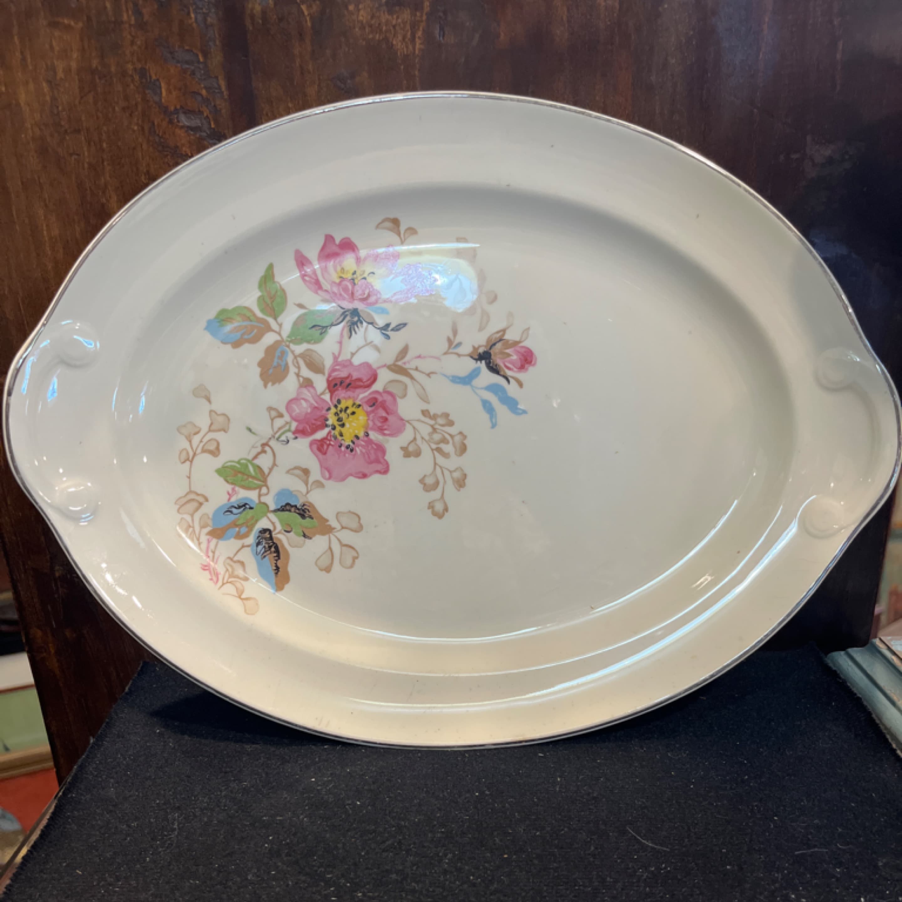 Taylor Smith & Taylor 1936 Oval Serving Platter 13” Floral Pink Blue Platinum Rim Vintage USA - Regular