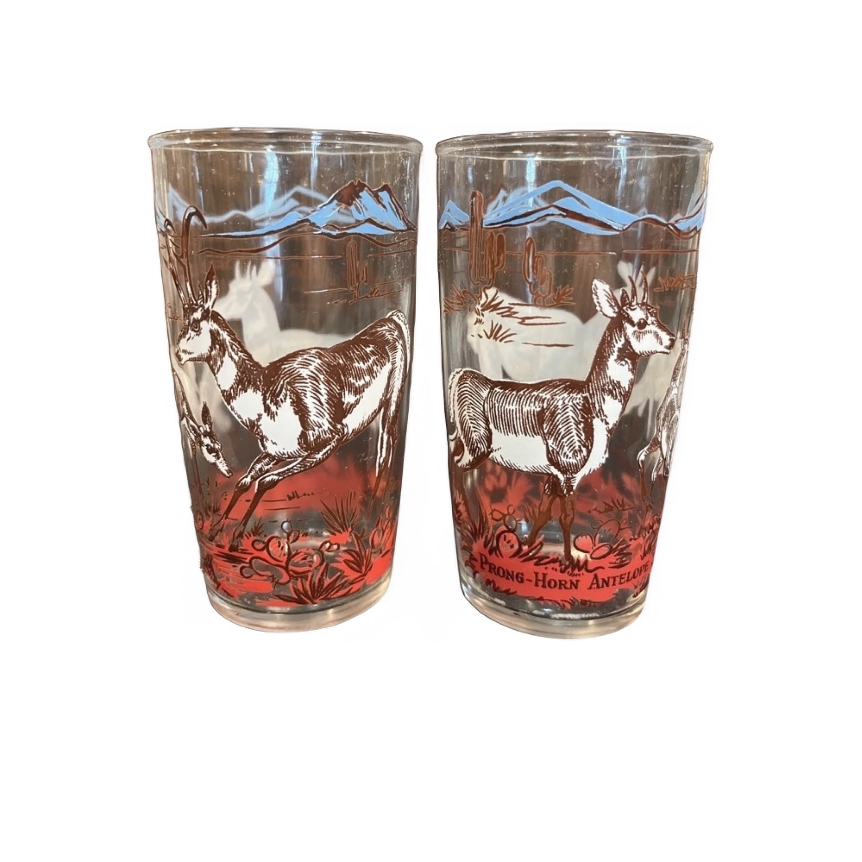 Set of 2 Vintage Pronghorn Antelope Wildlife Tumblers 5” Glasses Western Desert Scene Mid-Century - Regular