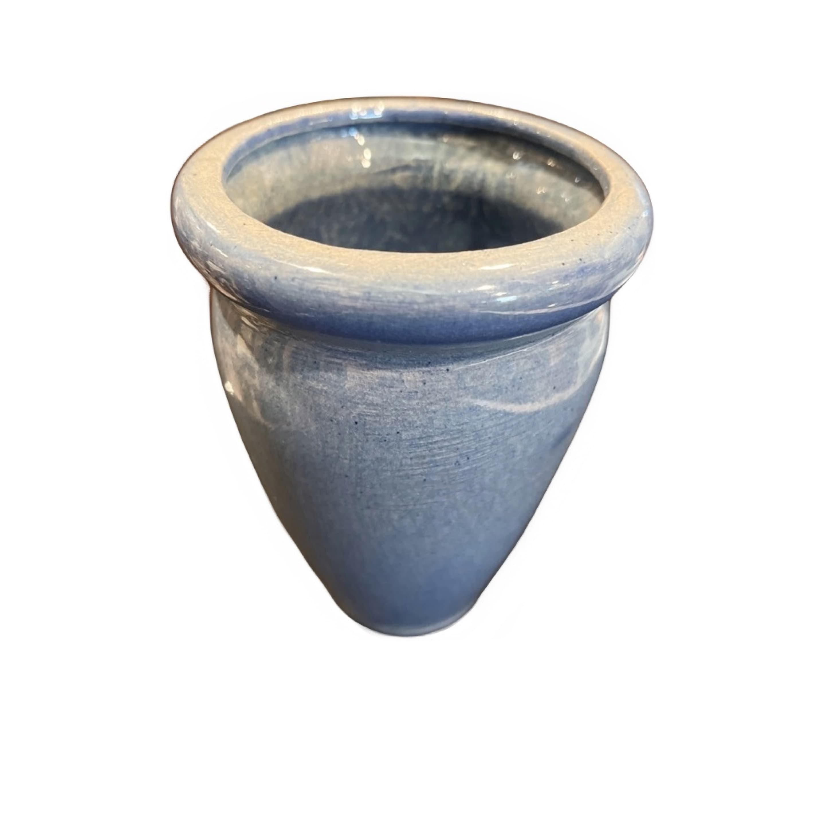 Hand-Thrown Studio Pottery Vase Blue Glaze White Brushwork 5” - Regular