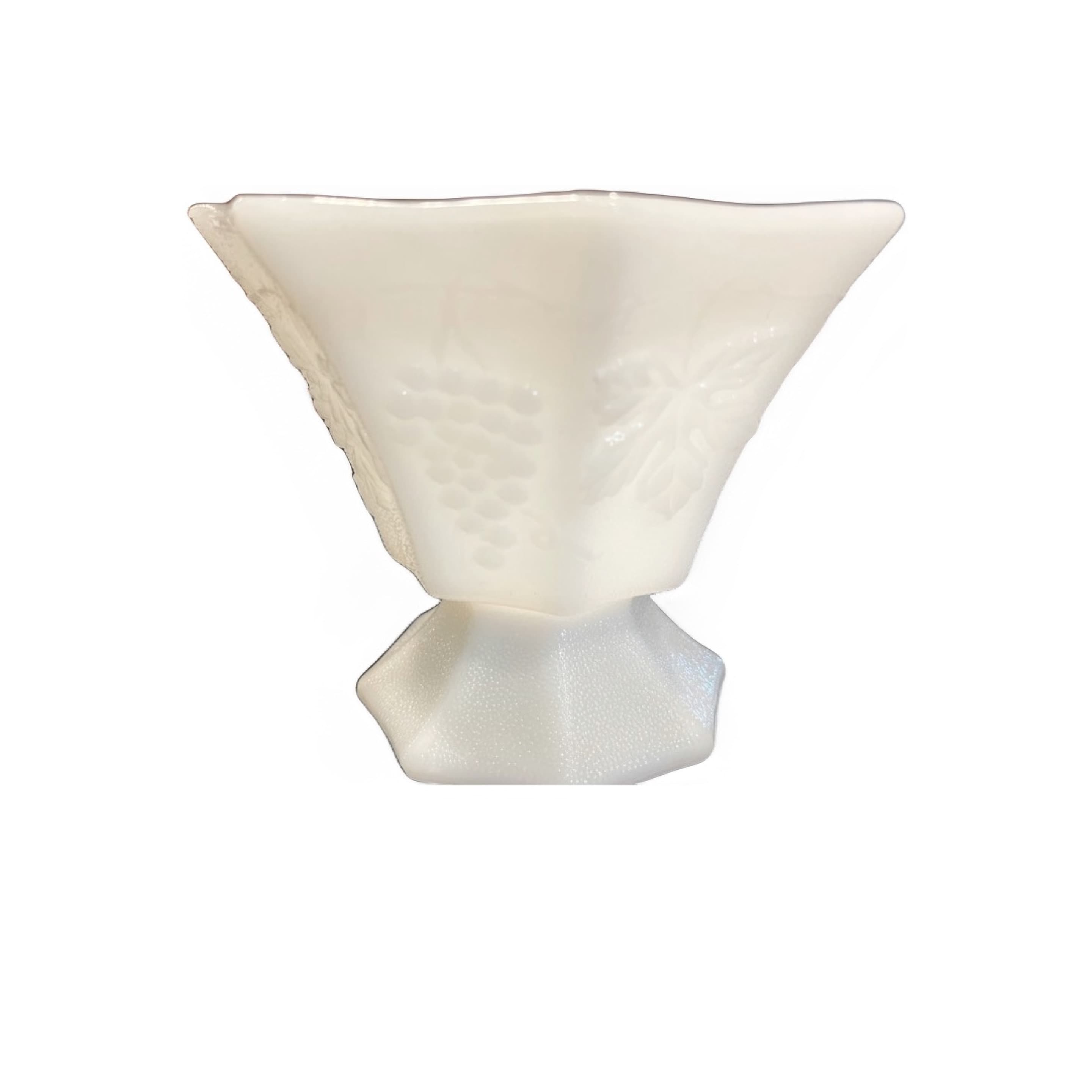 Vintage Milk Glass Footed Vase Grape Cluster Pattern Flared Square Rim 5” Anchor Hocking Style - Regular