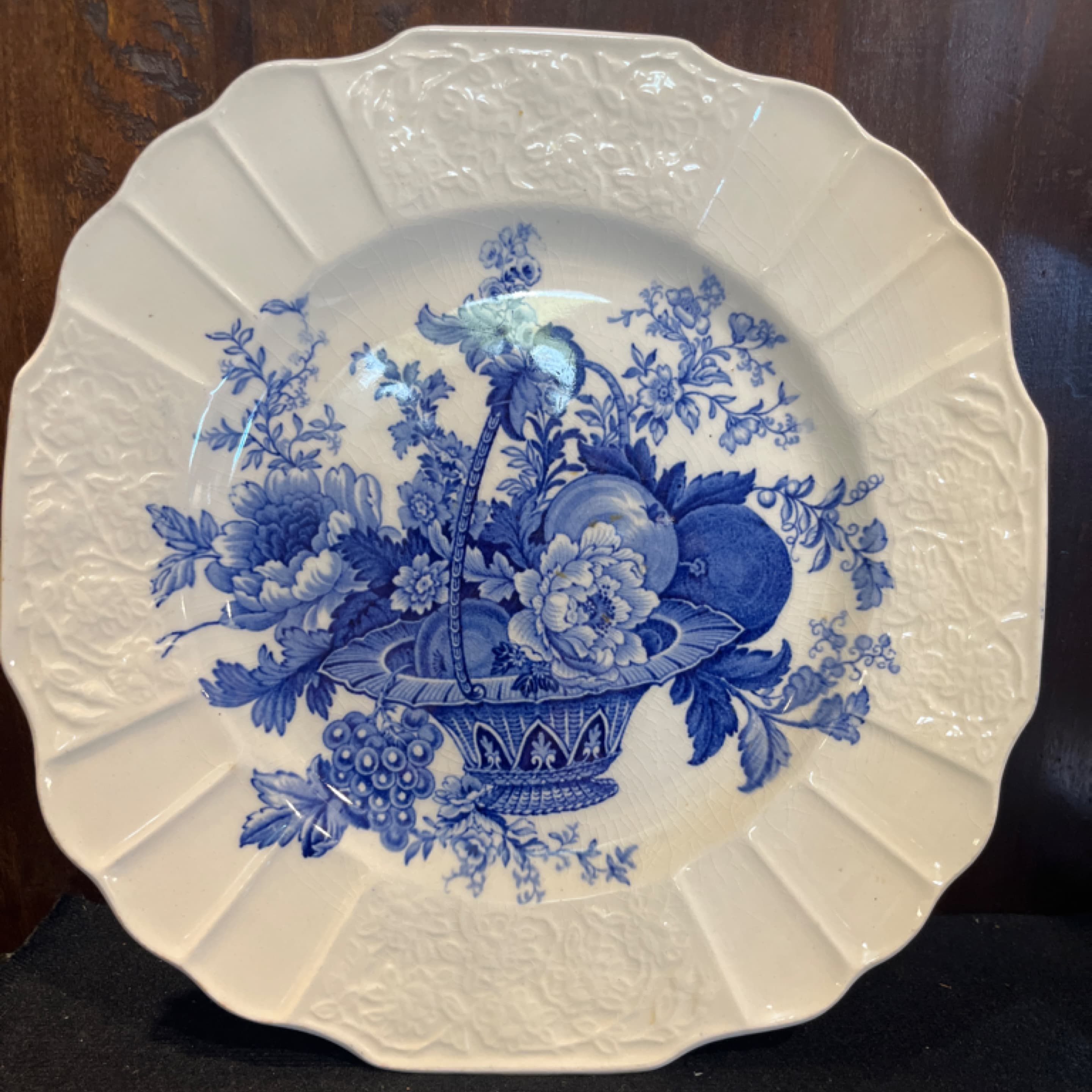 Myott Son & Co England Plymouth Blue White Transferware Plate 9.5” Fruit Basket Embossed Border - Regular