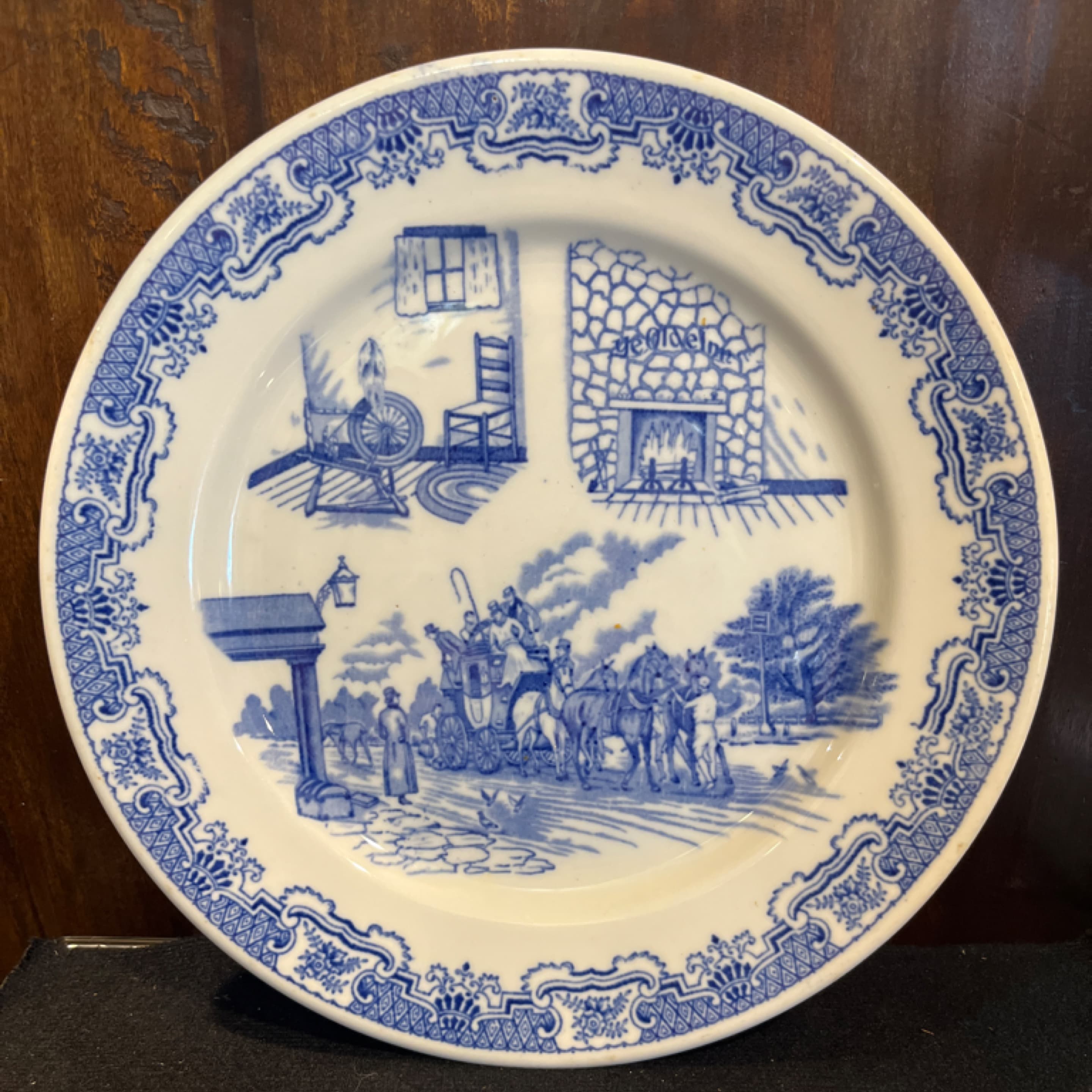 Iroquois China USA Blue White Transferware Plate 10” Ye Olde Inn Coaching Scene Vintage 1954 - Regular